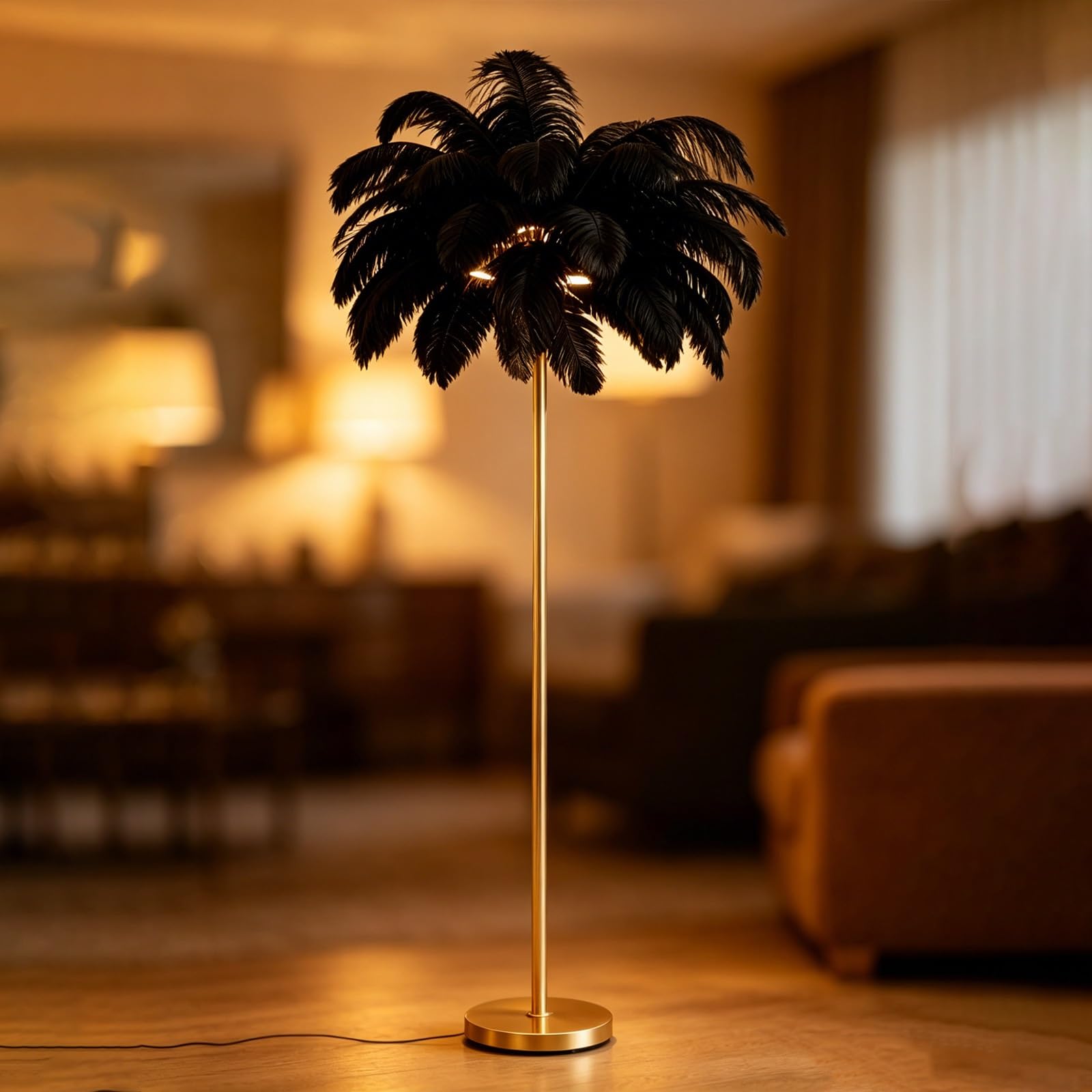 kumamart Black Ostrich Feather Lamp Floor Weighted Gold Standing Lamp