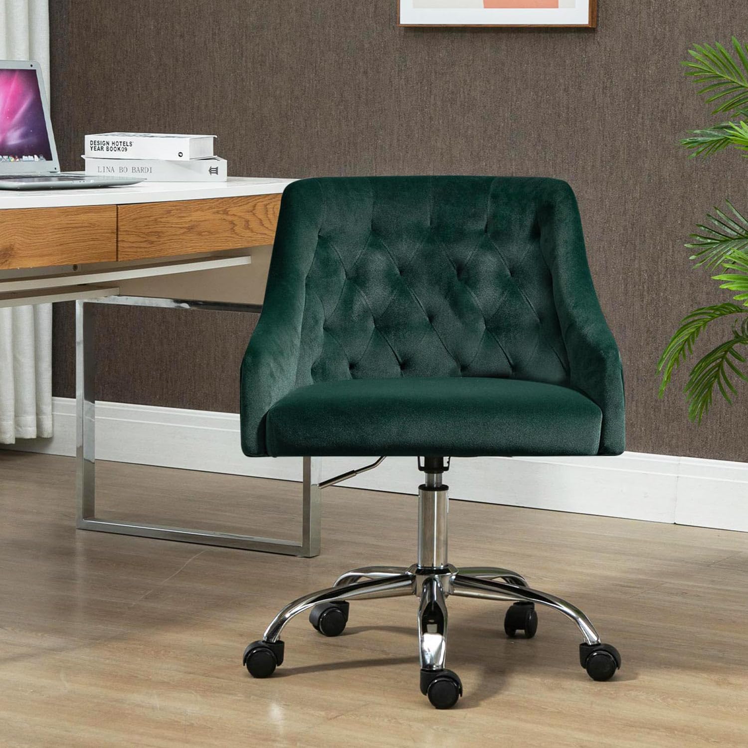 MOJAY Velvet Office Swivel Chair, Vanity Fabric Desk Pretty Fancy Gold Office Chairs for Girls, 360°Swivel Height Adjustable Reception Chair (DarkGreen)