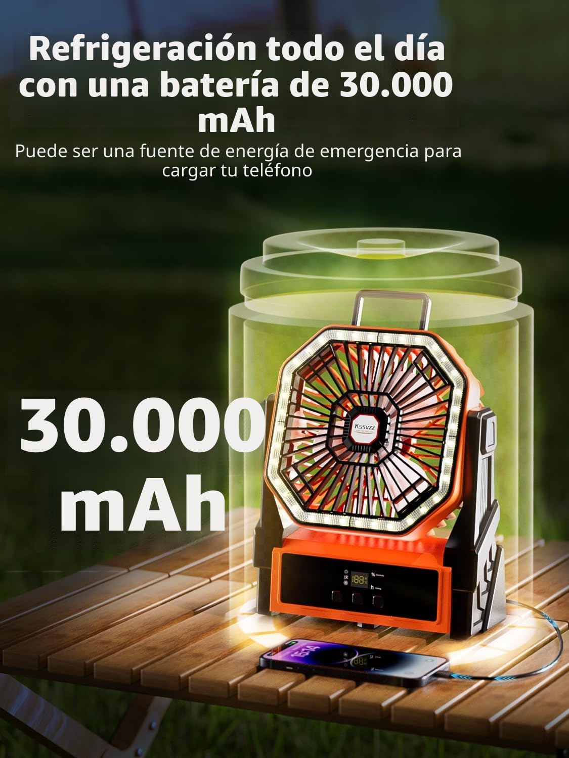 Kssvzz 30000mAh Ventilador de Camping, 4 Velocidades Ventilador USB con Luz LED, 270 ° de Rotación Ventilador Recargable, Portatil Ventiladores a Pilas para Viajar, Picnic, Pesca, Senderismo