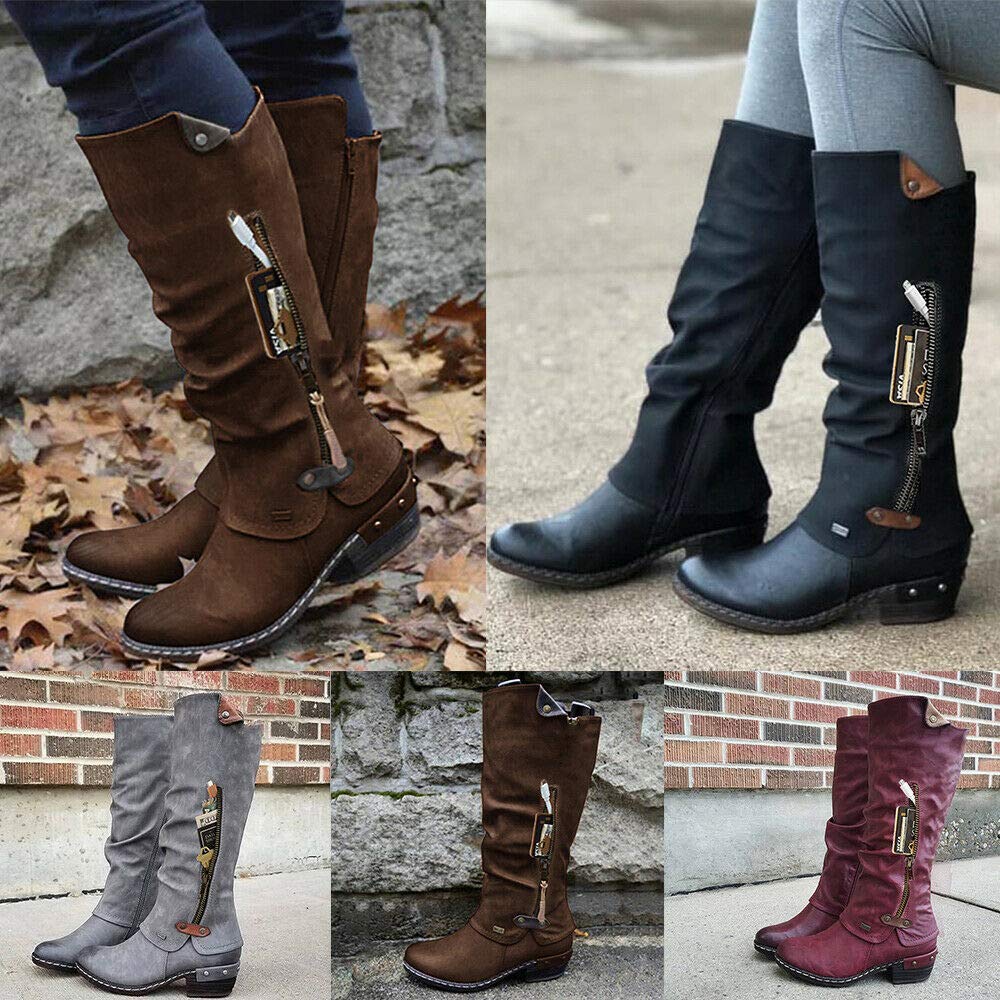 Botas de la Pantorrilla para Mujer Warm Zip Casual Talones hasta Media Pantorrilla Plana Inferior del Invierno