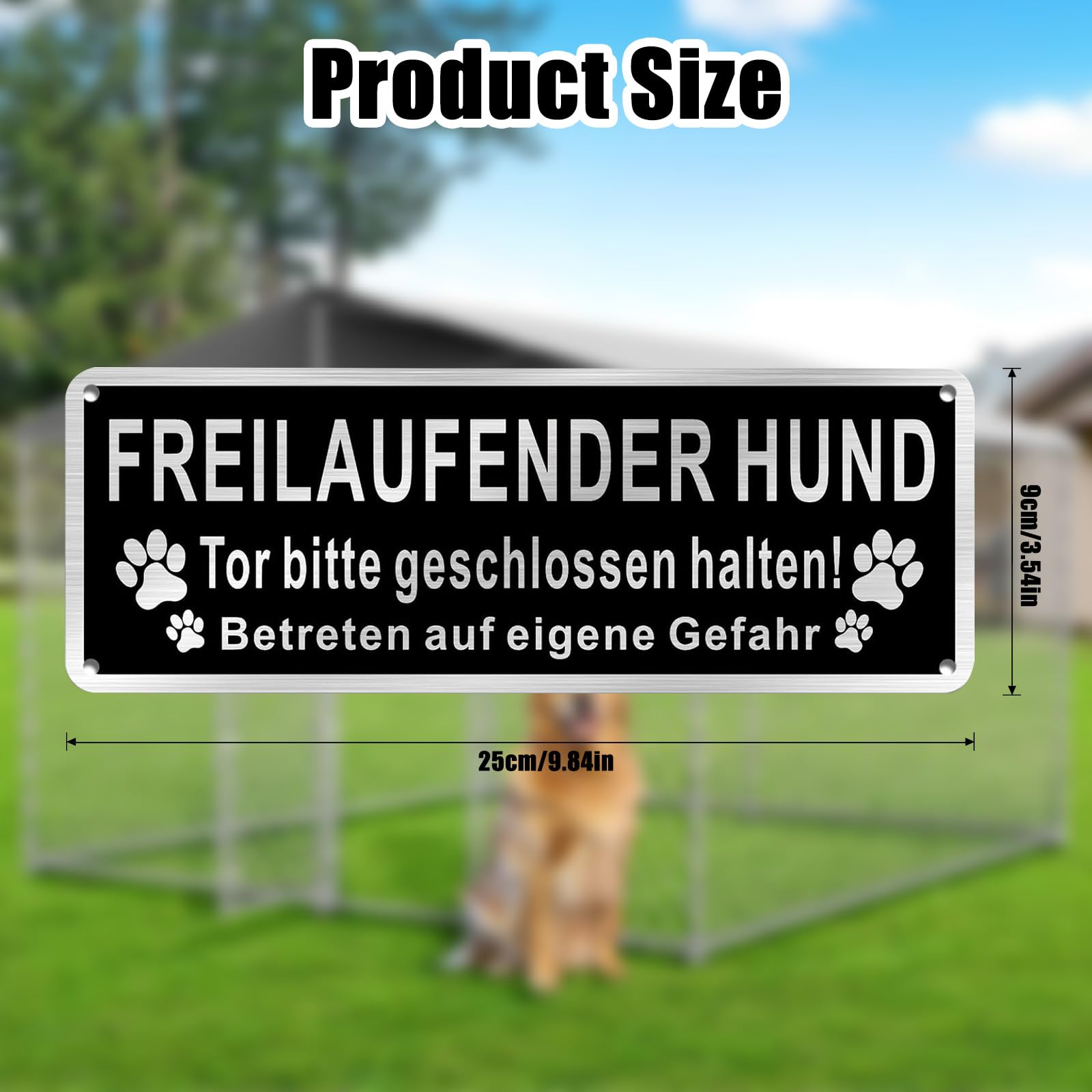 Warnschild „Freilaufender Hund“ – Gebürstetes Alu, 25x9 Cm, Reflektierend, Für Garten, Zaun & Tor, Schwarz-weiß