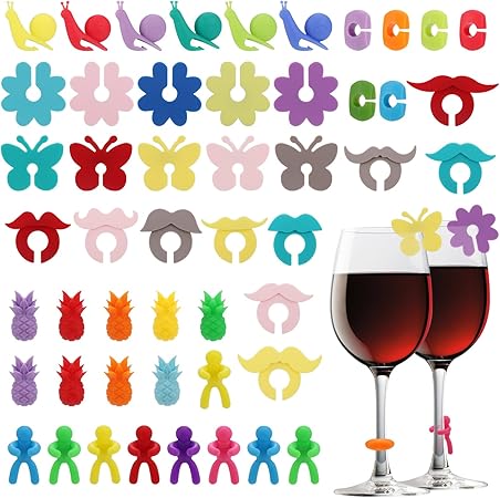Glasmarkierer 48 Stück - Wiederverwendbare Silikon-Marker Für Weingläser & Cocktails