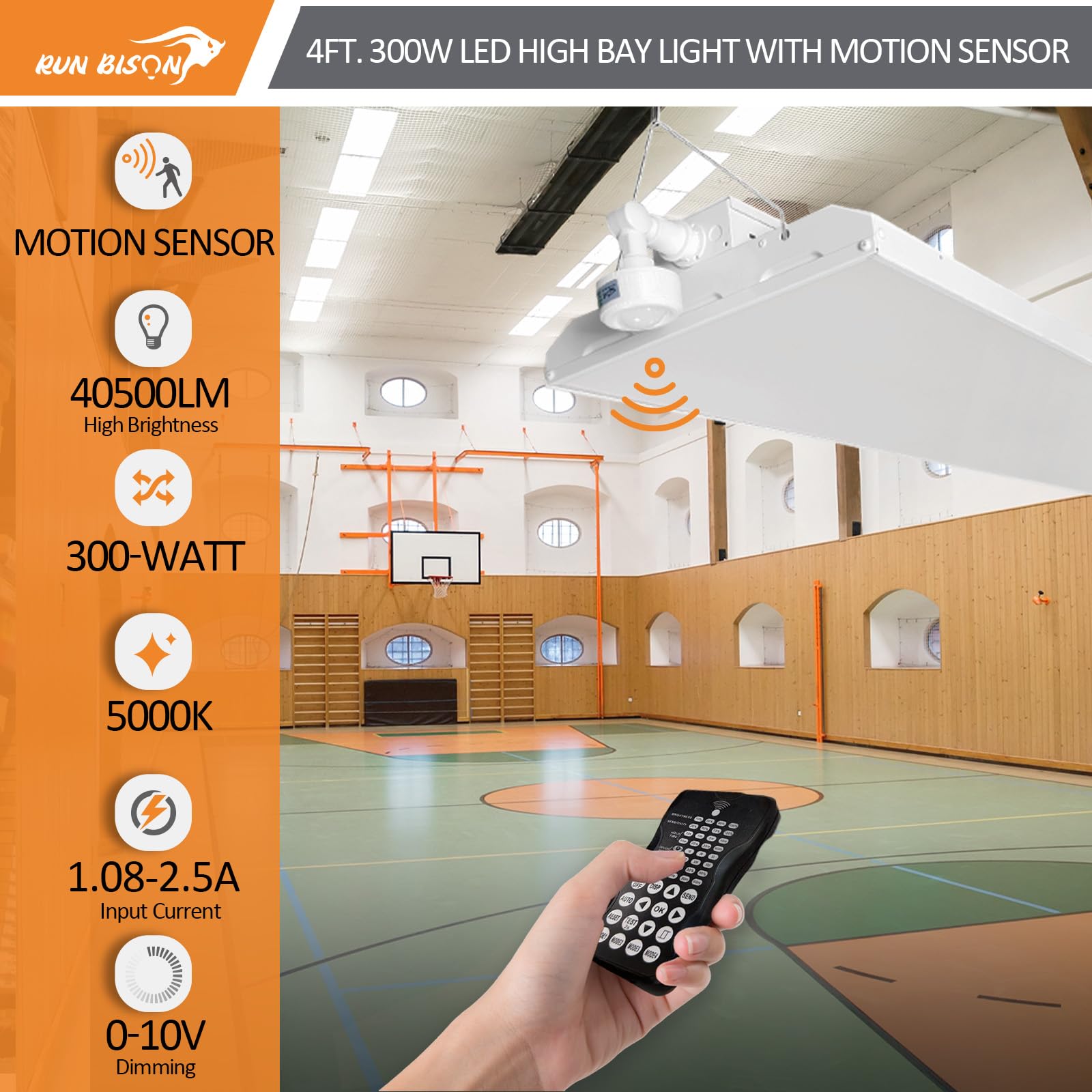 4FT LED High Bay Shop Light with Motion Sensor Remote Control Included 300W High Bay LED Lighting 40500LM — view 2