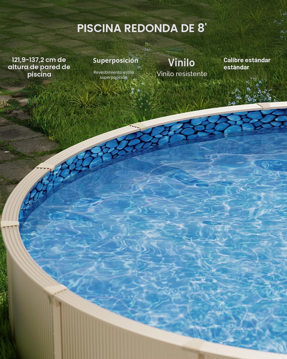 VEVOR Revestimiento para Piscina Elevada 244 cm Redonda Cubierta para Piscinas Superpuestos Vinilo de Calibre Estándar Altura de Pared 122-137 cm Diseñado para Piscinas Elevadas con Lados de Acero