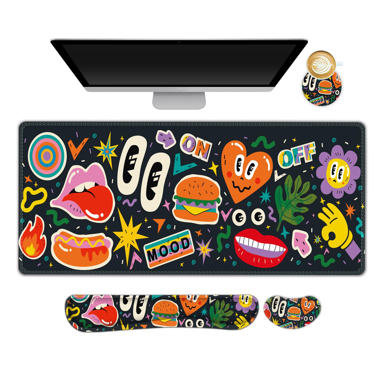 Large Gaming Mouse Pad Set: 4 in 1 Extended Keyboard Desk Mat with Wrist Rest Pad, PC Computer Game Mousepad Set, Non-Slip Desk Pad Protector Easy Typing Pain Relief for Home Office-Cartoon Doodle โ image 1