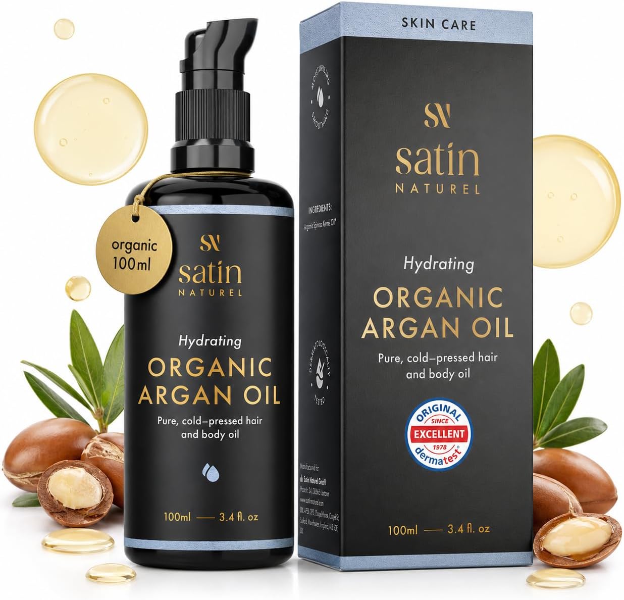 Organic Argan Oil 100 ml – 100% Pure Cold Pressed Oil – Natural Oil for Hair, Skin, Nails & Beard – Organic Care for Dry Hair & Scalp