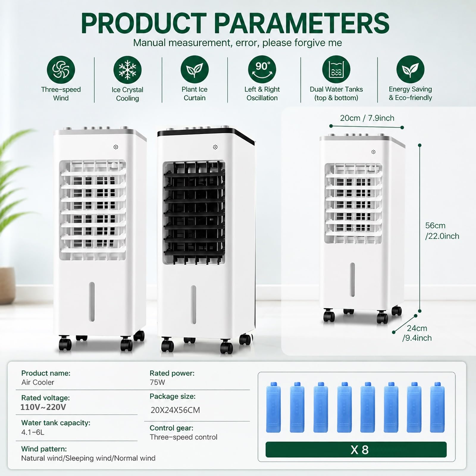Raffrescatore Evaporativo Portatile con 8 Ghiaccioli, 3 Velocità, Doppio Serbatoio d’Acqua, Oscillazione 90°, Dispositivo di Raffreddamento Personale per Camera, Ufficio e Soggiorno