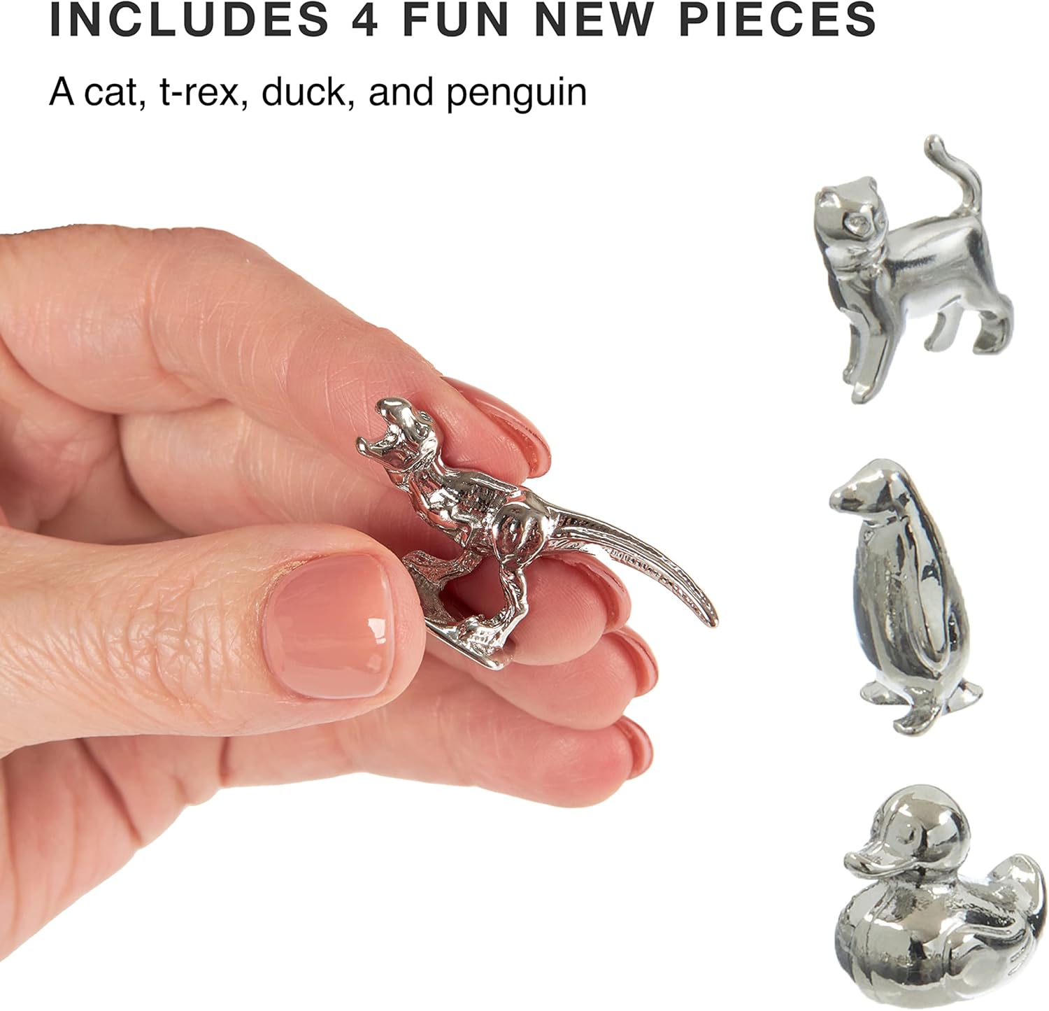 8-Pack Replacement Pawns Compatible with Monopoly - T-Rex, Terrier, Race Car, Top Hat, Battleship, Cat, Duck, Penguin - New Edition Metal Classic Board Game Tokens - Replace Lost or Broken Pieces