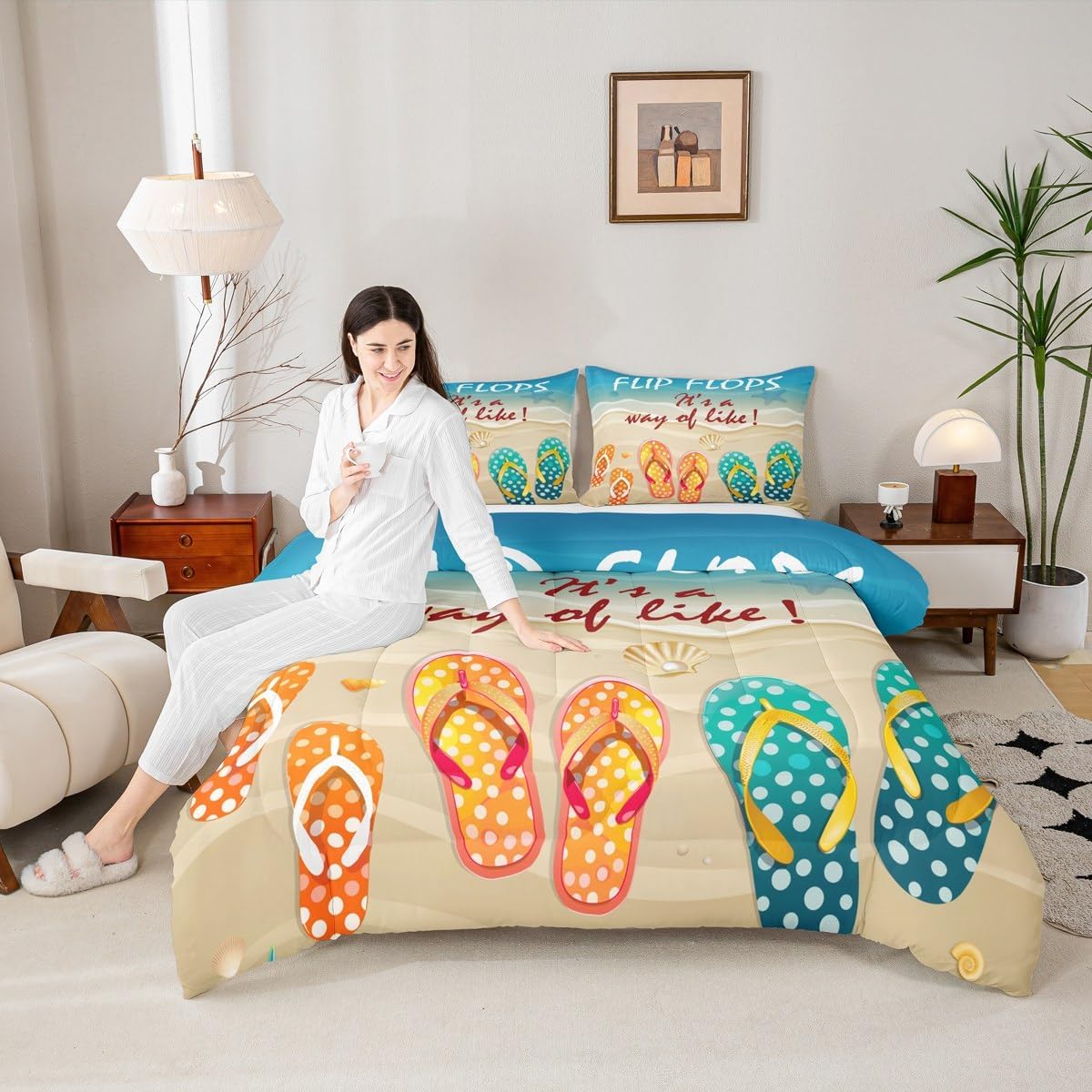 Beach Comforter Set Queen Size Watercolor Flip Flops Bedding Set 3pcs for Kids Boys Teens Girls Room Decor Ocean Beach Holiday Quilted Duvet Romantic Hawaii Style Duvet Insert,2 Pillowcases