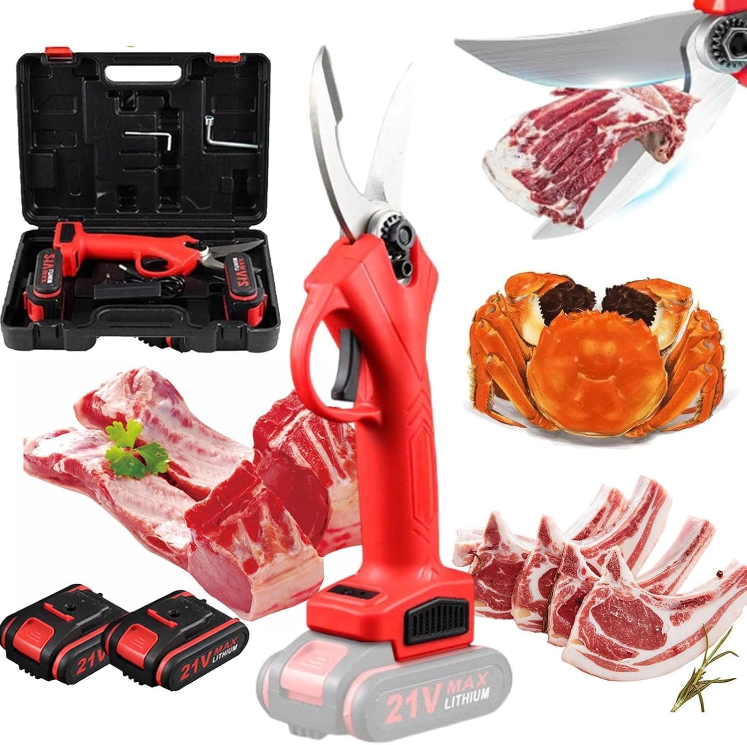 Cordless Electric Kitchen Bone Scissors-2x 21V 2000mah Rechargeable Batteries,Multi-Function Poultry Shears with Safety Lock,For Chicken, Meat, Fish, Seafood, And Vegetables,Red