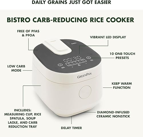 Miniatura 4 de GreenPan Olla arrocera, 8 tazas cocidas (4 sin cocinar), modo bajo en carbohidratos y sopa, 10 preajustes de cocción de un solo toque, canasta de