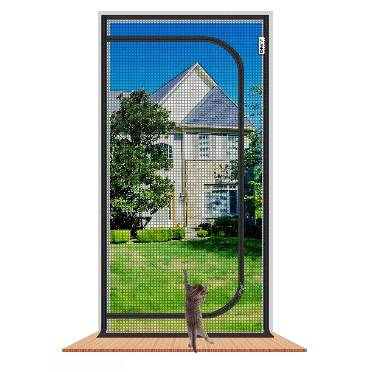 LAIJIANG Cat Screen Door, Reinforced Mesh Screen Door With Double Zipper Easy Access, Keep Cats Indoors Prevent Pets Escape, Scratch Proof & Keeping Air Fresh(BLACK D,Custom)