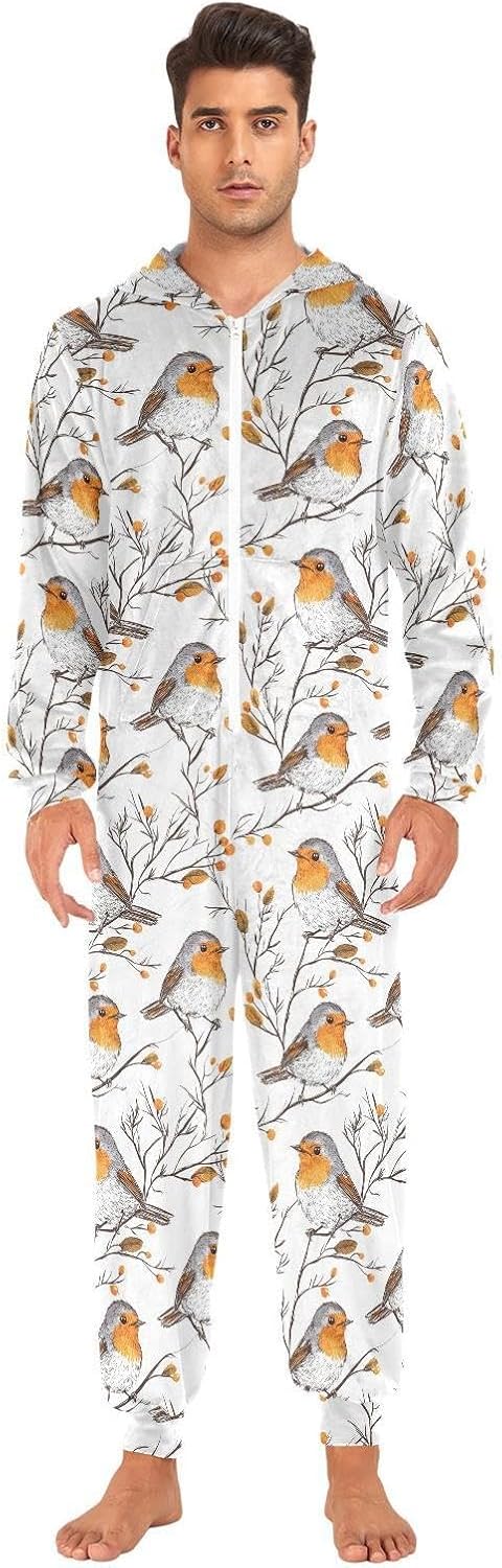ZZKKO Autumn Robin Birds Adult Onesie Pajamas for Women Men Cozy One Piece Pajamas Costume Zip-Up Hooded S-XL