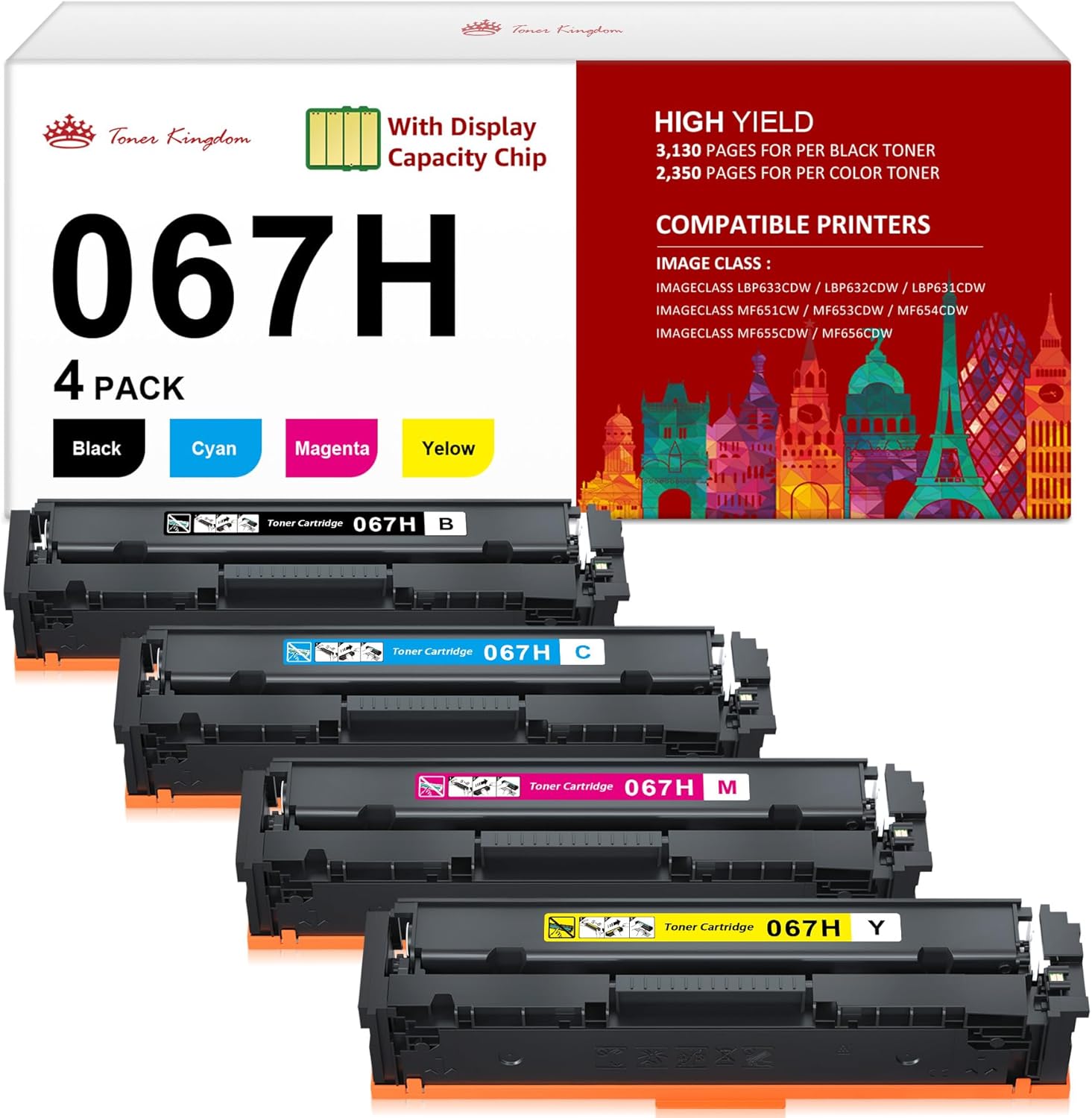 Toner Kingdom Compatible Canon 067H 067 Toner Cartridge Set 4 Pack Replacement for Canon 067H Toner Compatible for Color ImageClass MF656Cdw LBP632Cdw MF653Cdw MF654Cdw LBP633Cdw MF650C LBP630C Toner Toner Kingdom Compatible Canon 067H 067 Toner Cartridge Set 4 Pack Replacement for Canon 067H Toner Compatible for Color ImageClass MF656Cdw LBP632Cdw MF653Cdw MF654Cdw LBP633Cdw MF650C LBP630C Toner