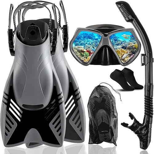 Juego de esnórquel con máscara de aletas, esnórquel con parte superior seca, kit de aletas de buceo ajustables, vista panorámica antivaho para buceo