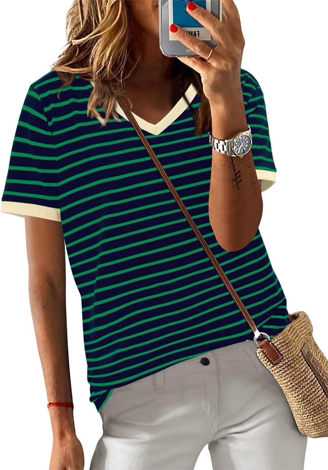 ONLYSHE Womens Short Sleeve Shirts Casual Crewneck Tops Tshirt Basic Tees Summer Fashion Strpied Clothes Outfits Tunic