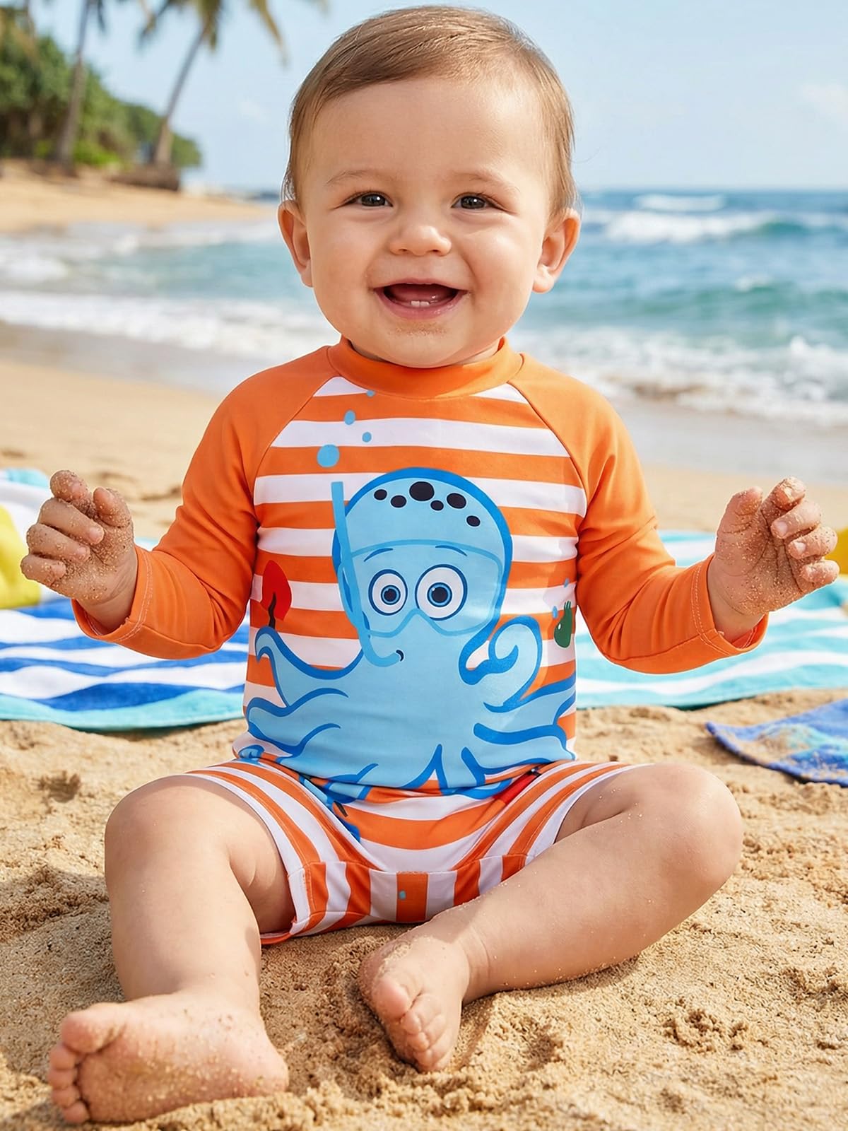 JiAmy Bañador Bebé Niño/Niña UV Manga Larga - Estampado Pulpo Rayas, Cremallera Trasera, Unisex 12-36 Meses