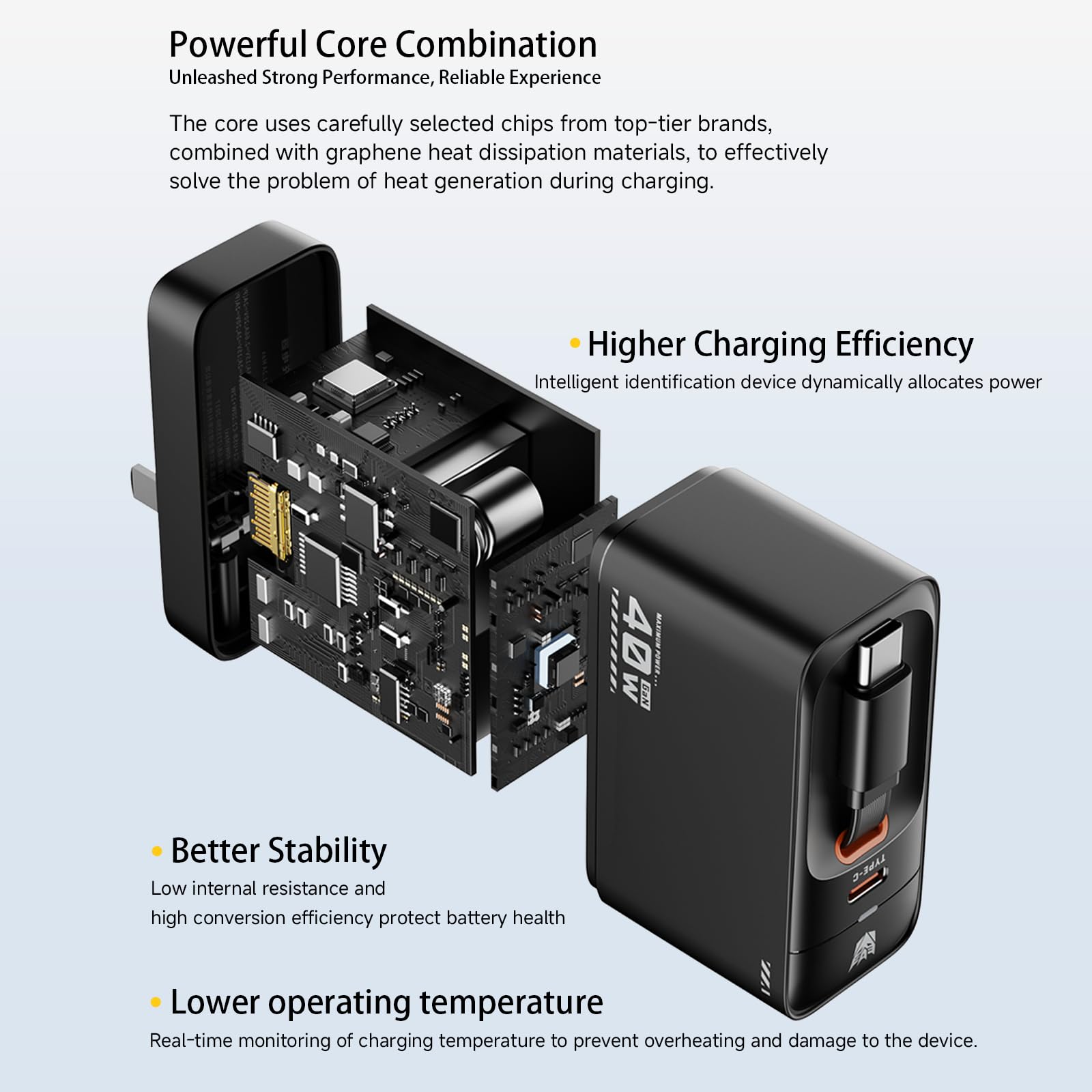 Transformers StarSaber TF-S01 - Cargador rápido USB-C de 40 W GaN con cable retráctil de 32 pulgadas, cargador de pared compacto dual USB-C (20 W + 12 W) para iPhone, Samsung, Google Pixel, iPad AC