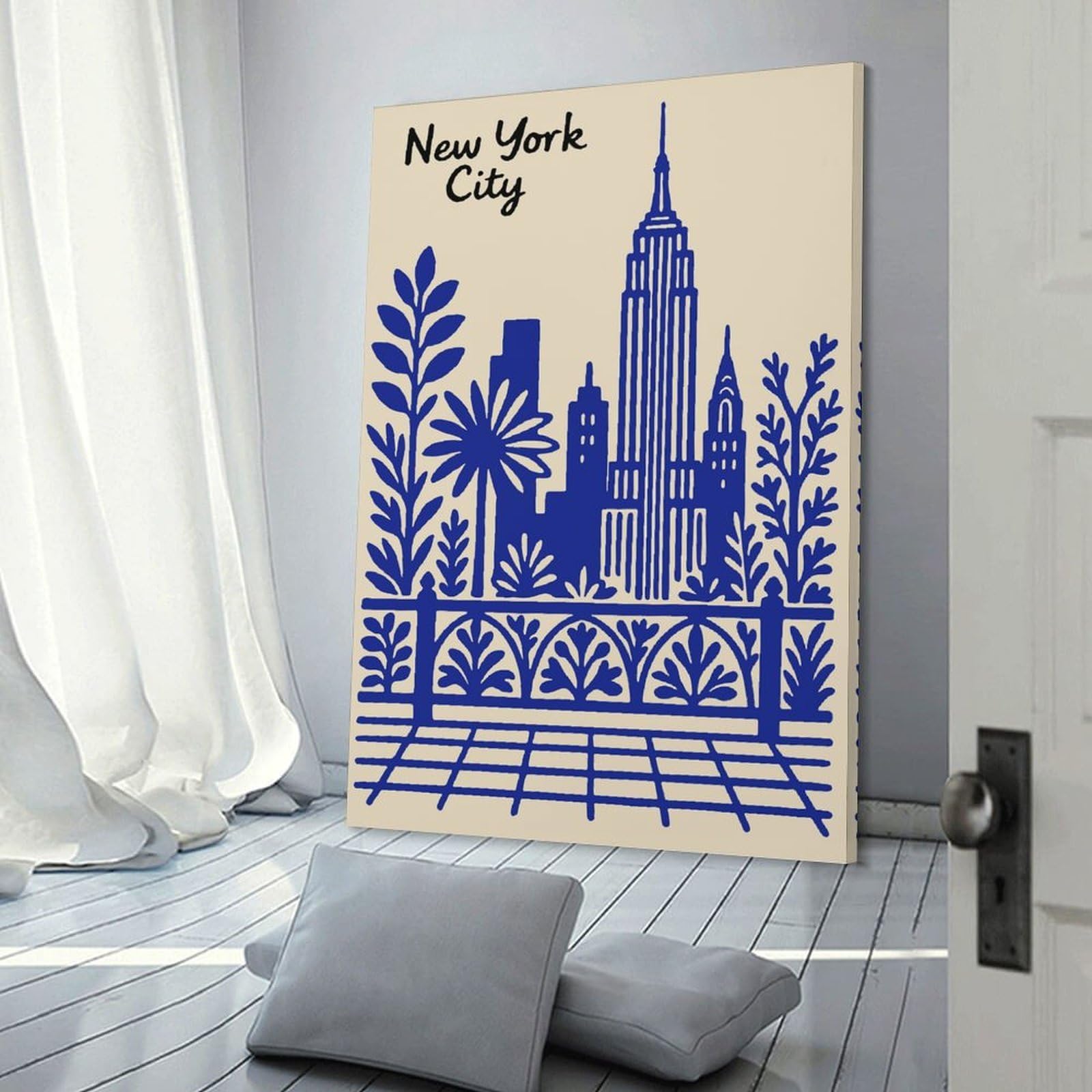 Junmoney New York City Blue Illustration Canvas Wall Decor, 08x12inch(20x30cm), for New Homes, Bedrooms Or Workspaces, Gift Idea for Housewarming And Birthdays