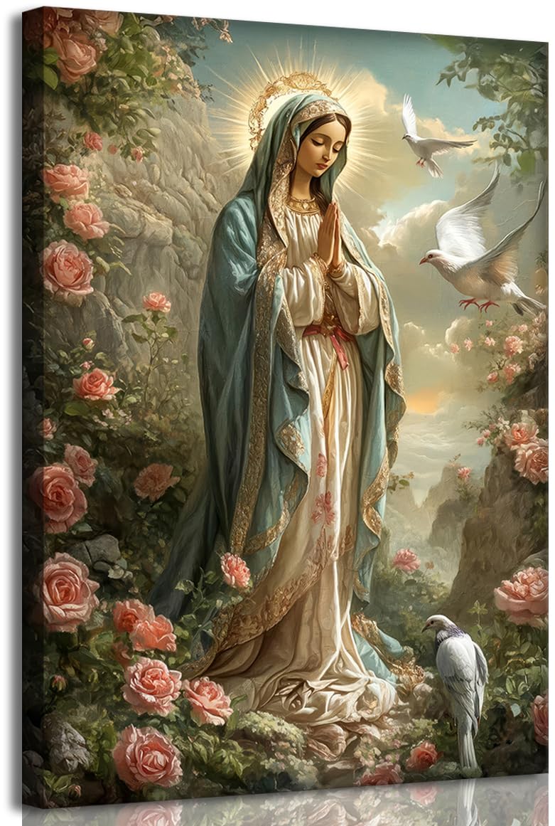 FGQ Blessed Mother Art Canvas Wall Art Virgin Mary Among Roses Painting Artwork Catholic Prints Our Lady of Guadalupe Portrait Poster Christian Gifts Religious Picture 16x24inch Ready to Hang โ image 1