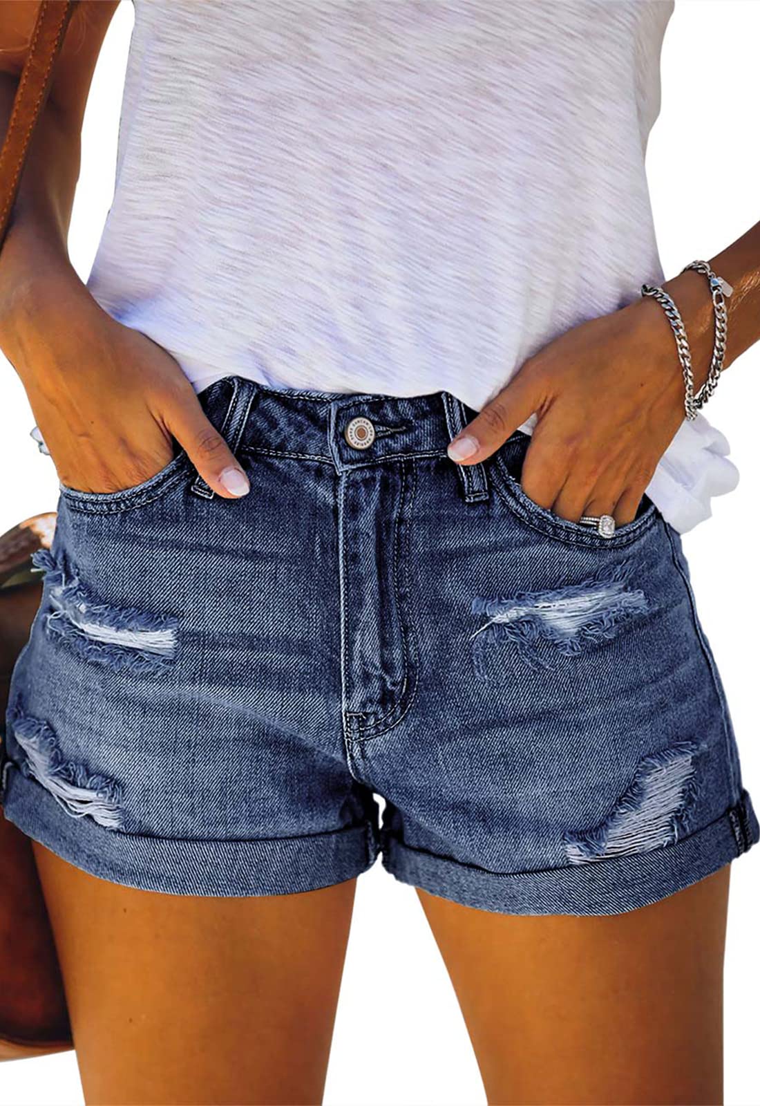 Alaster Queen Pantalones Cortos Vaqueros de Mujer Cintura Alta Pantalones Cortos Vaqueros de Mujer Flip Folded Distressed Short Jeans Azul S