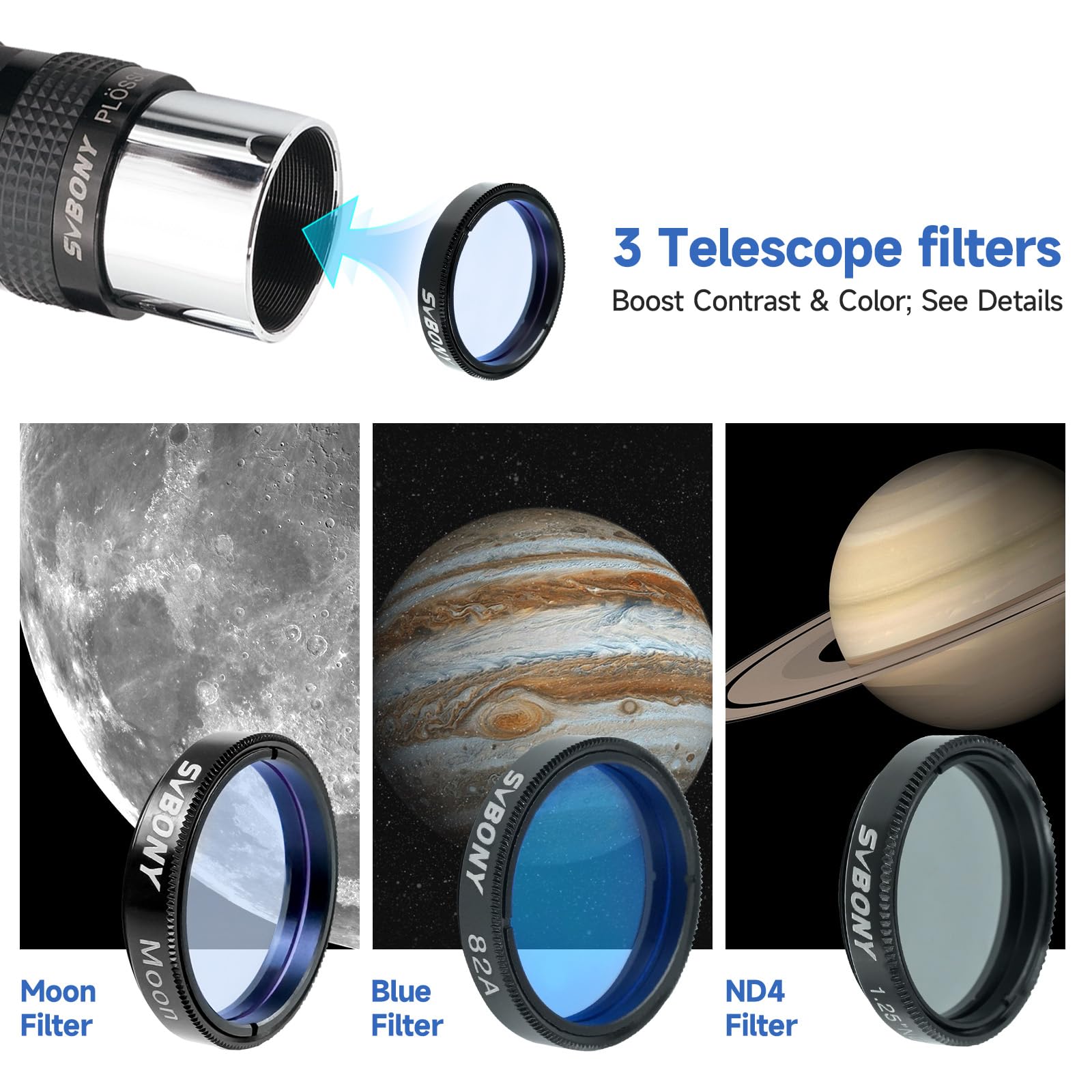 Svbony SV233 Ocular Telescopio Astronómico Kit, Ocular PLOSSL de 6mm, 17mm, 2X Lente Barlow, Filtro Lunar, Filtro ND4, Filtro de Color 82A, con Bolsa Portátil, Accesorio de Siete Piezas