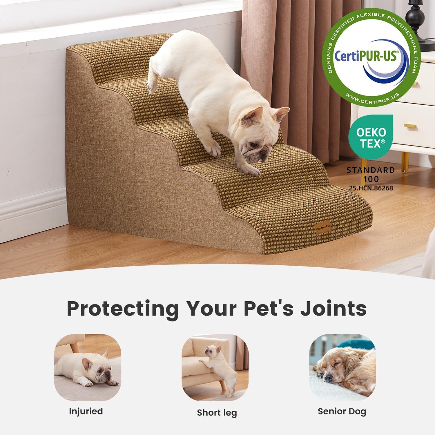 Gardner Pet Scala per Cani Piccoli 58cm, 5 Gradini, Rampina in Schiuma con Rivestimento Antiscivolo e Impermeabile per Letto, Divano e Auto, Marrone