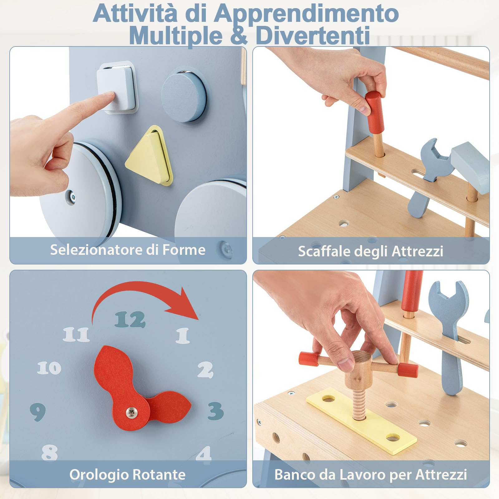RELAX4LIFE 2 in-1 Carrello Primi Passi in Legno con Banco da Lavoro di Legno, Attrezzi Montessori, 4 Ruote, 30 x 30 x 47 cm (Modello 1)