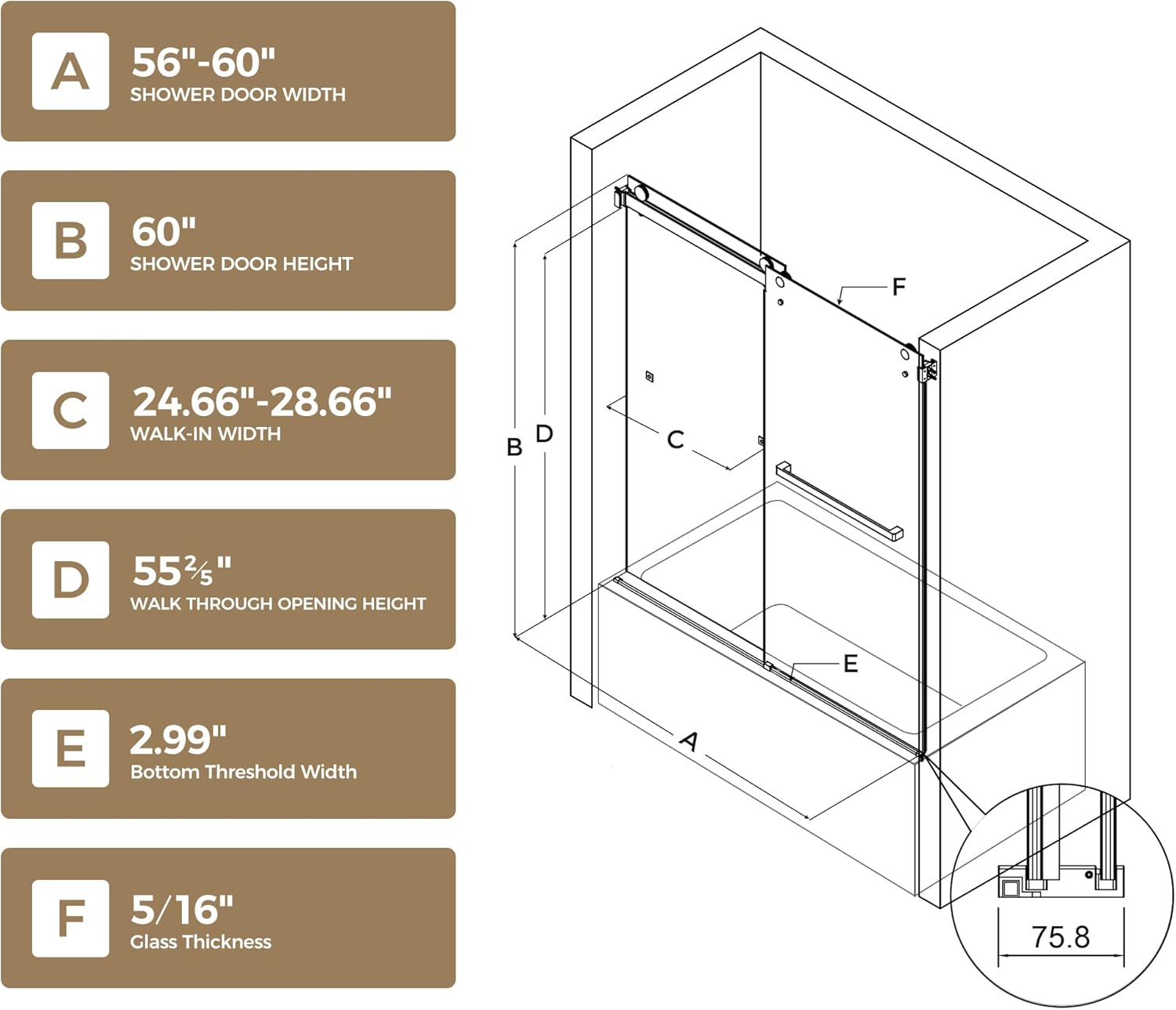 Bathtub Shower Door - 56-60 W x 60 H Double Sliding Tub Shower Door with Tempered Glass 5/16"(8mm), Stainless Steel Bathtub Sliding Doors (Nickel)
