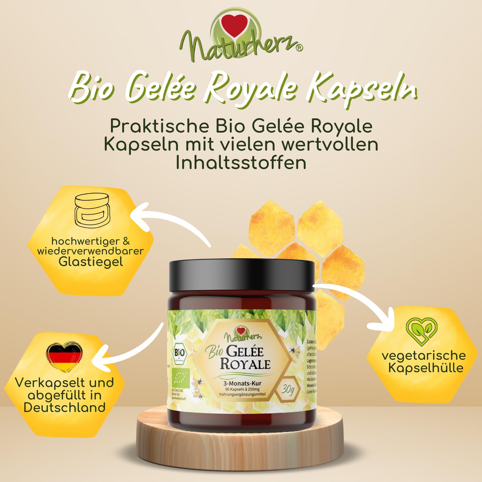 Bio Gelee Royal Kapseln von Naturherz | 100% Gelee Royal Pulver | OHNE Zusätze | 90 Vegi-Caps im praktischen Braungläschen