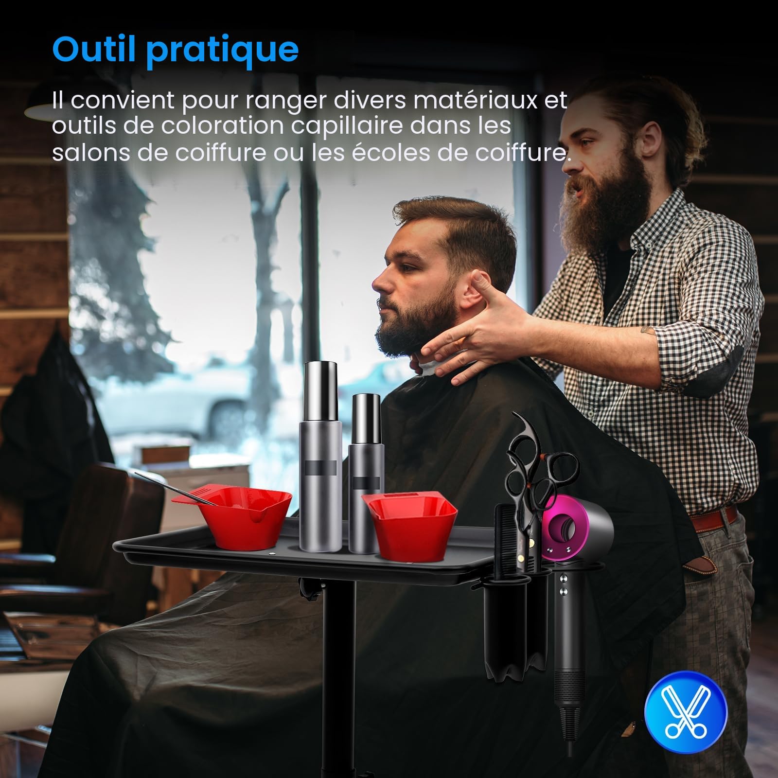Chariot de salon à roulettes réglable en hauteur avec plateau de rangement - Noir