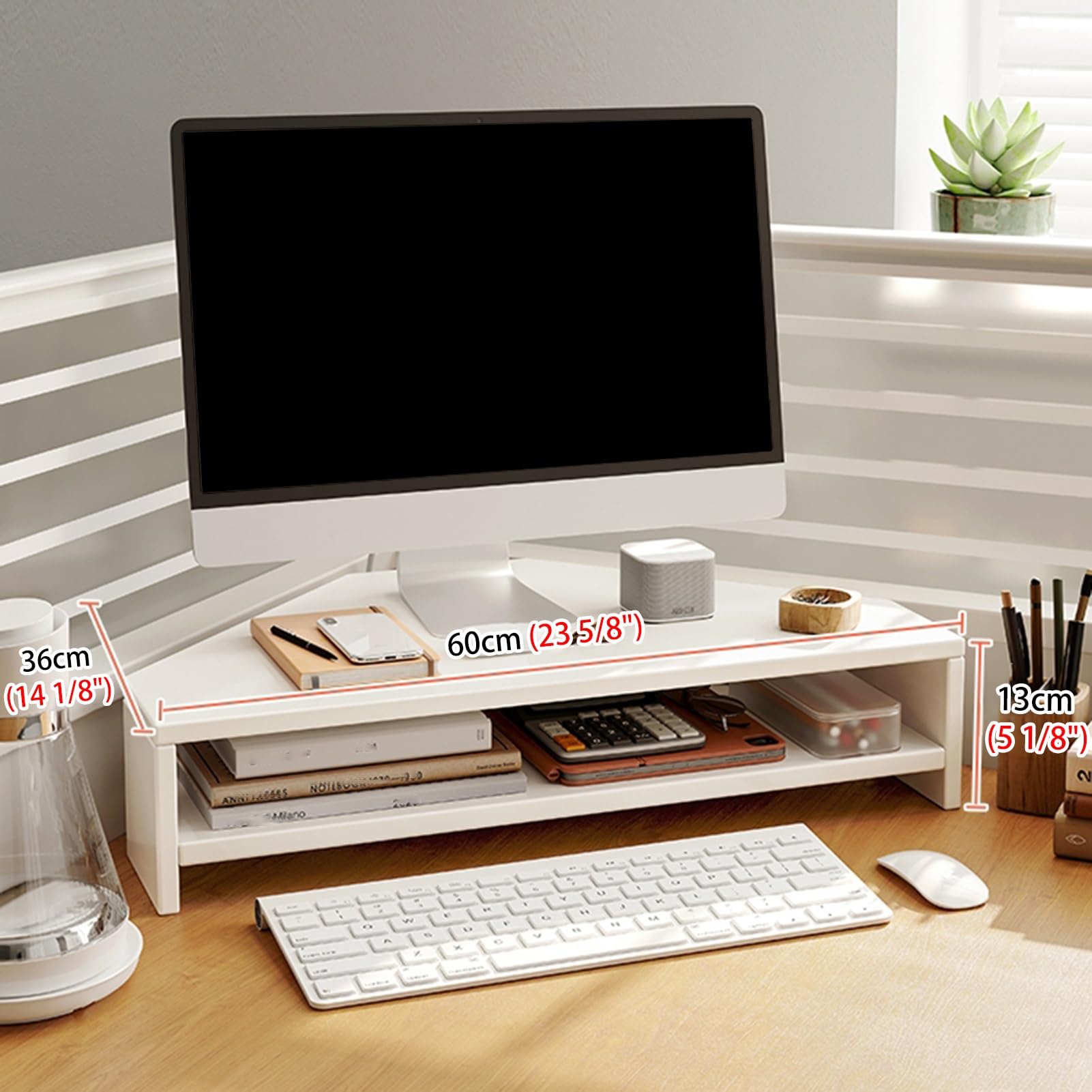 Supporto angolare in legno bianco per monitor, triangolare, per scrivania, supporto per tablet, organizer per ufficio con spazio di archiviazione per un'installazione efficiente dello spazio di lavoro