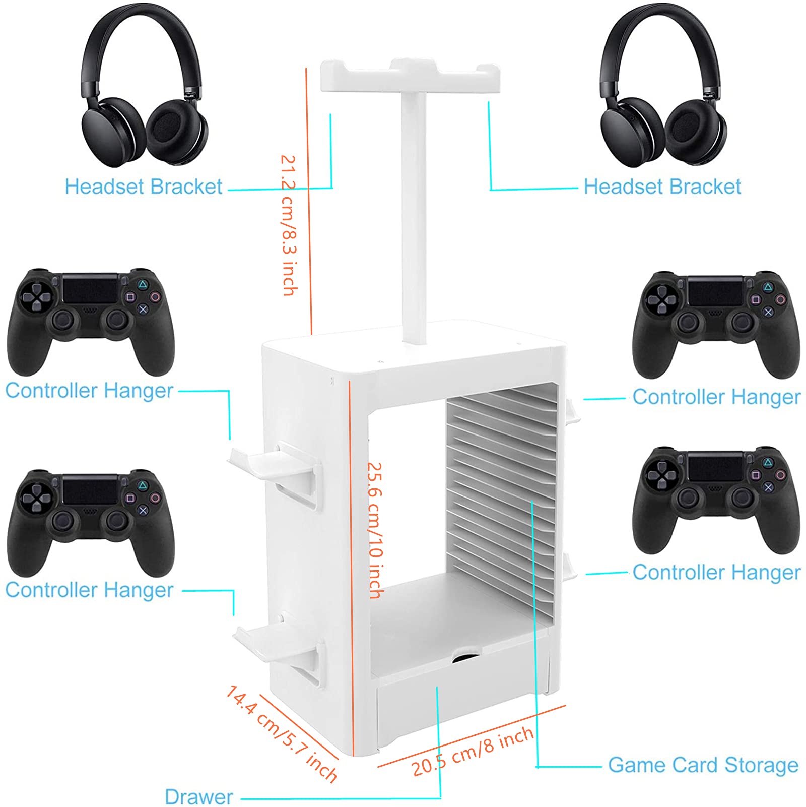 Supporto di Immagazzinaggio Multifunzione per Giochi, 10 Rack per Dischi di Gioco con Cassetto, Supporto Verticale per Controller per Cuffie Compatibile con PS5 PS4 Xbox Series, Grigio Chiaro