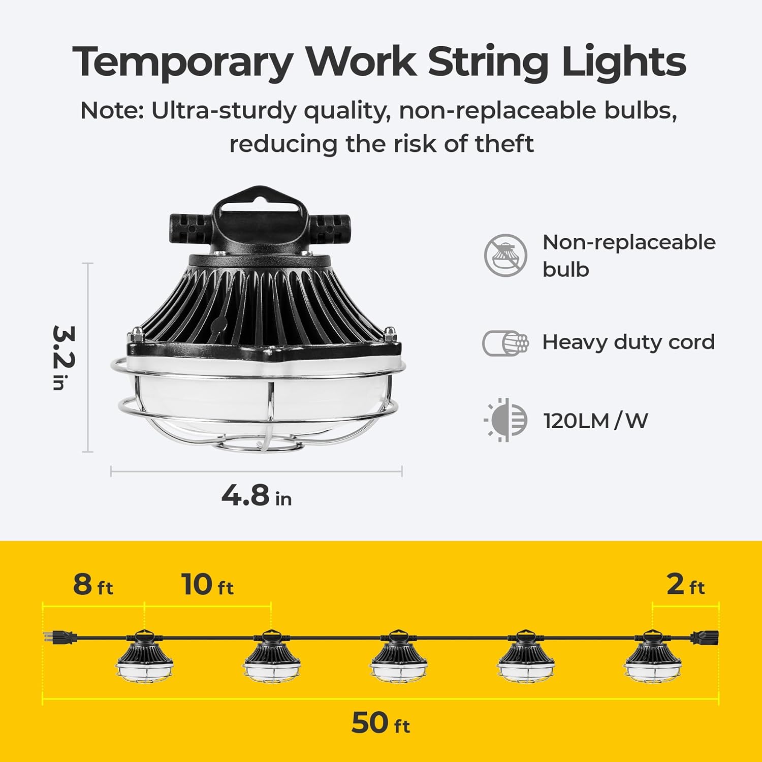 Aluminum Shell Construction String Lights：50FT 125W Linkable ETL Listed Super Bright LED Industrial Outdoor Temporary Lighting String Hanging Work Lights for Attic Jobsite
