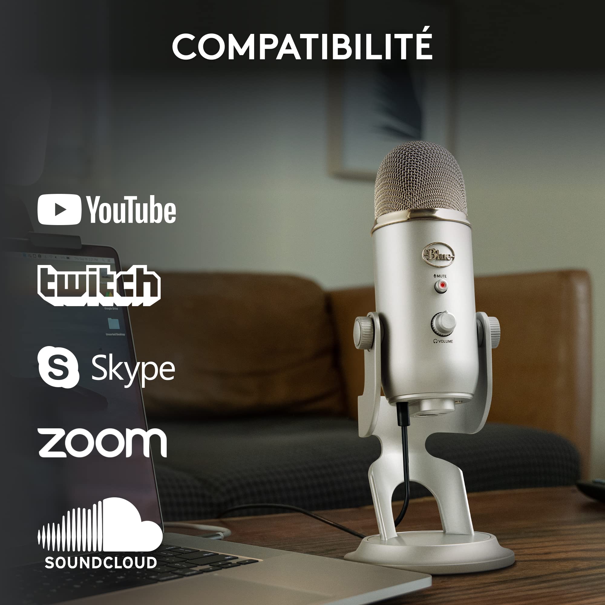 Blue Microphones Yeti, Micro USB pour Enregistrer, Streaming, Gaming, Podcast, Micro Gaming condensateur, Micro PC & Mac avec Effets Blue VO!CE, Support ajustable, Plug and Play - Argent