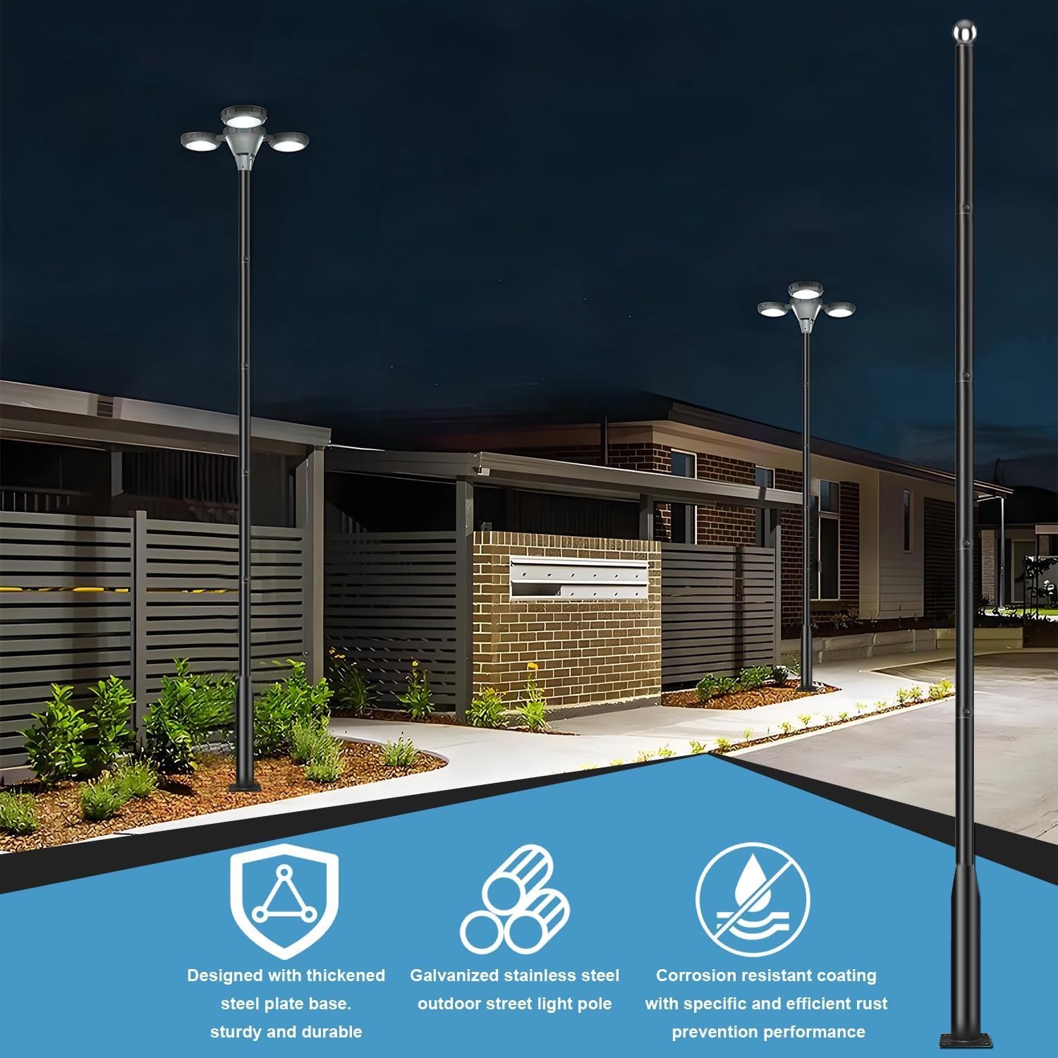 20ft Outdoor Street Light Pole - Galvanized Steel Lamp Post with Mounting Rebar Cage, Adjustable Height Heavy Duty for Parking Lot, Patio, Courtyard & Residential Areas (Black)