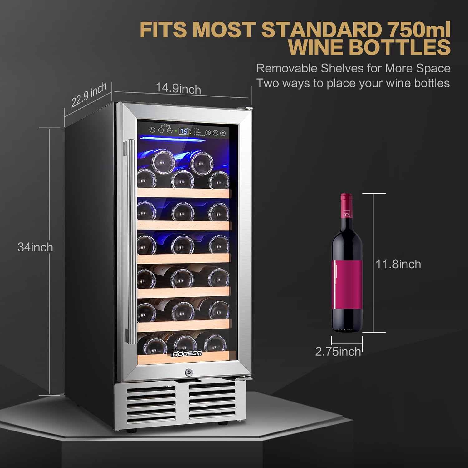 BODEGA Wine Fridge Freestanding, 15 inch Under Counter Wine Refrigerator, Champagne Cooler with App Control, Glass Door, for Kitchen, Bedroom, Home, Office, Holds 31 Bottles