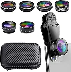 Lente de câmera de celular 7 em 1, kit de lentes para celular, clipe universal, para iPhone, para Samsung, para smartphone Android, em grande angular + macro + olho de peixe + caleidoscópio + filtro