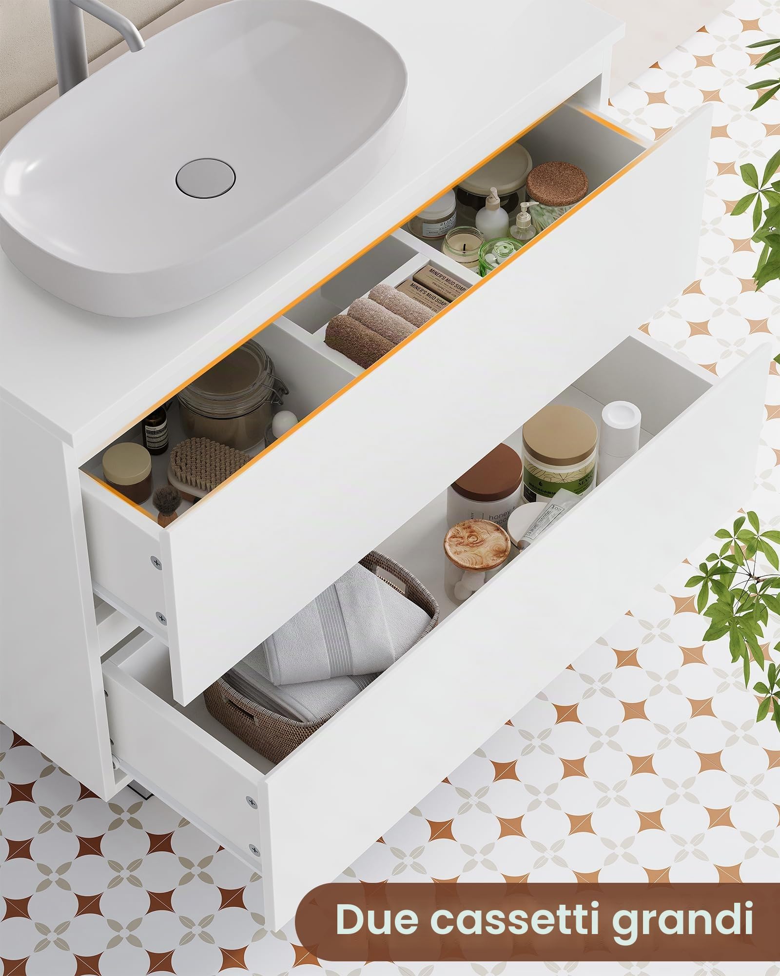 KIMENICH Armadietto da Bagno, Mobile da Bagno con 2 Cassetti Grandi, Mobile Lavabo con Piedi in Metallo, Molto Spazio, Mobile Sottolavabo, 80 x 30 x 56 cm, Bianco