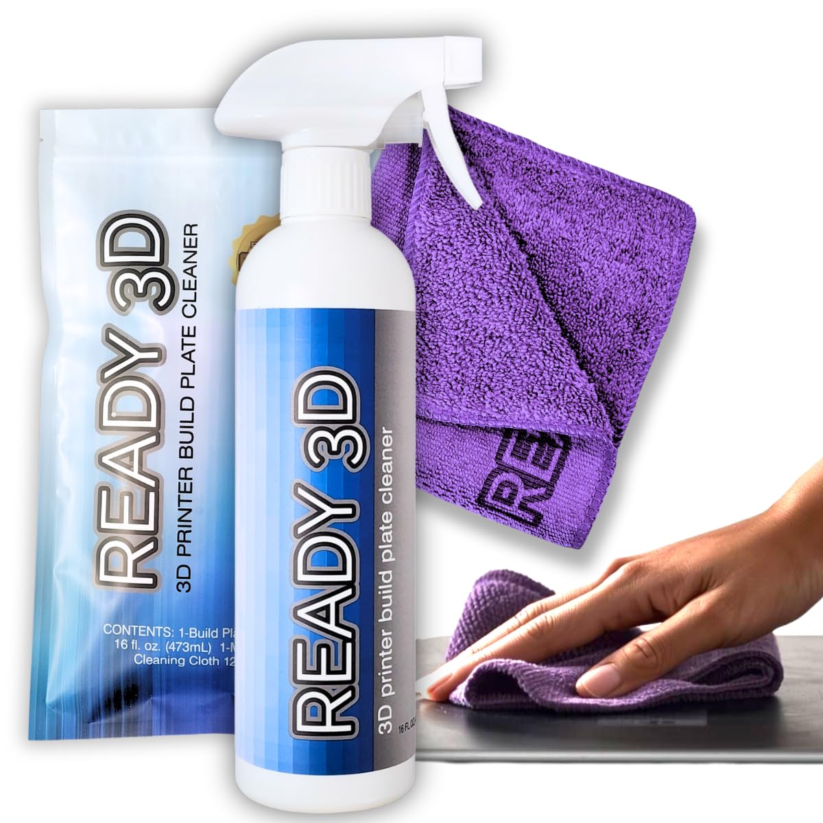 READY 3D Printer High Quality Build Plate Cleaner, Non-Toxic, No Odor, Easy Clean, Rinse-Free Formula, Includes 12"x12" Microfiber Cleaning Towel (