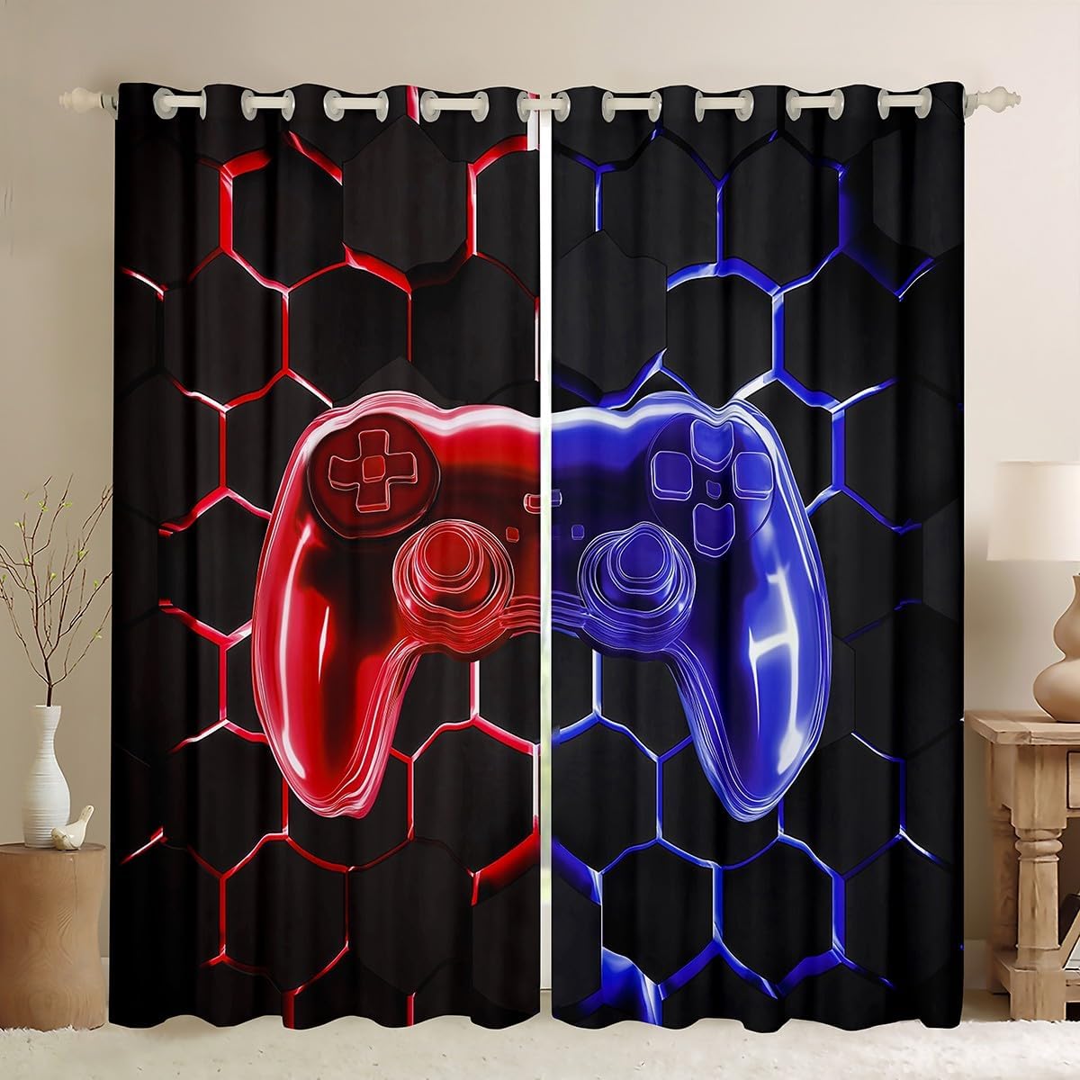 jejeloiu Gamer Boys Curtain (2 Panels, 42 x 63 Inch), Kids Gaming Red Blue Green Window Drapes for Girls Teens,Honeycomb Game Blackout Shades Lightweight Microfiber Game Room Decor