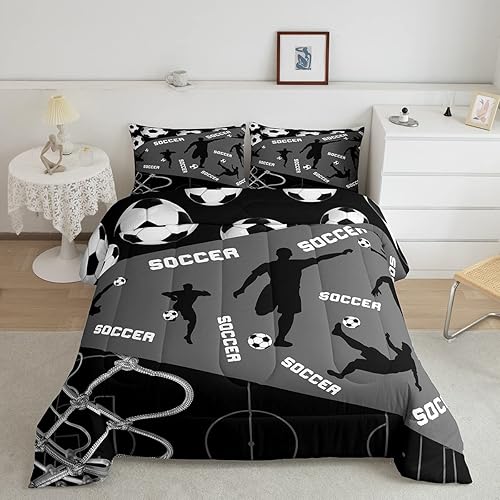 Juego de edredón de fútbol para niños y adolescentes, juego de ropa de cama de fútbol americano gris y negro, tamaño matrimonial, edredón de jugador