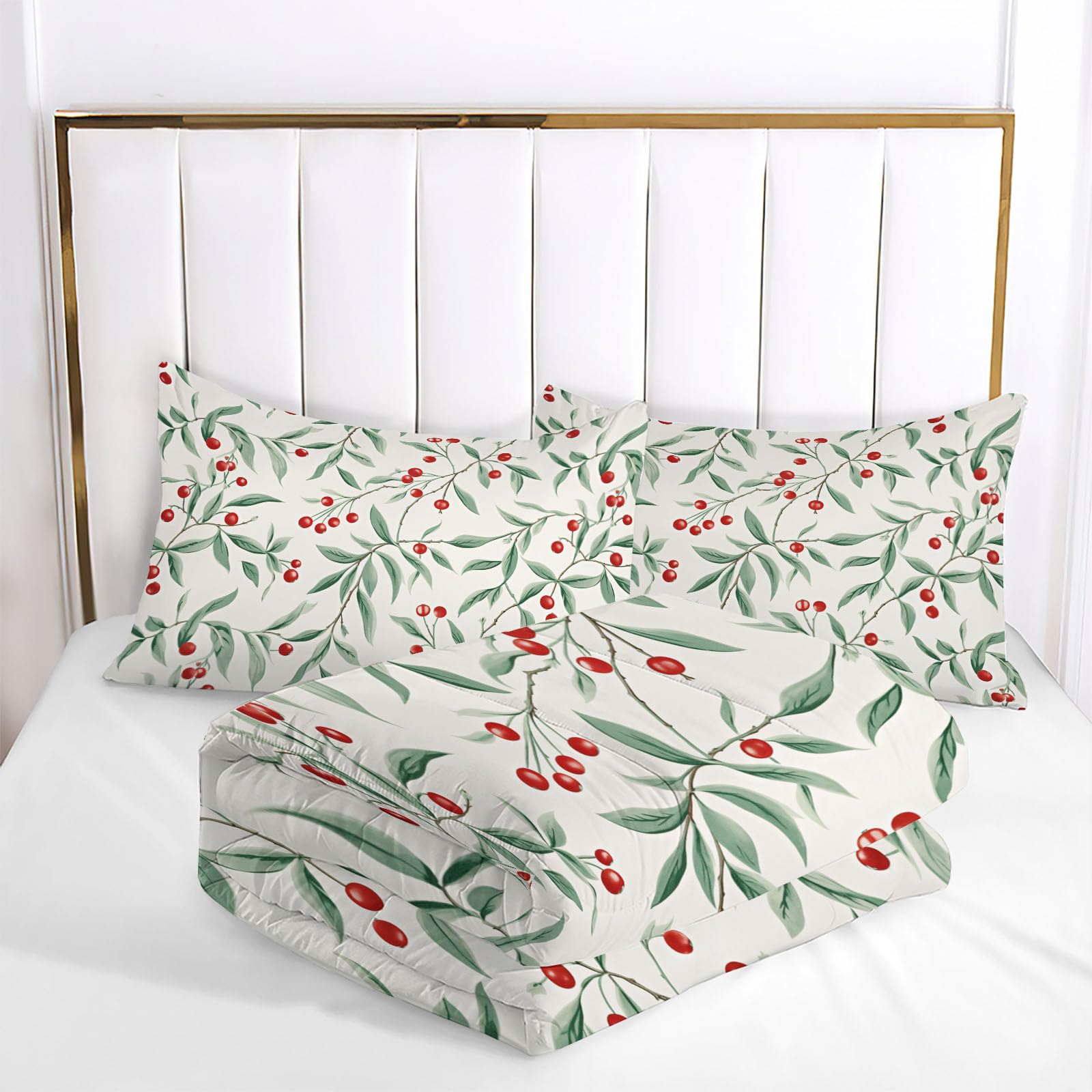 Couette Style campagnard Style Ferme 2pc Fille Tempérée pour lit 1 Personne-100% Microfibre -Enfant 4 Saisons et 240x260cm + 1 Taie d'oreiller 65x65 cm -Plantez des Baies et des Branches