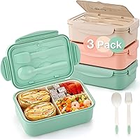 Mfacoy 3-Pack 1100ml Bento Lunch Boxes for Adults & Kids - 3 Compartments, BPA-Free, Microwave/Dishwasher Safe w/ Spoon & Fork