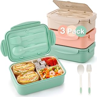 Mfacoy 3-Pack Bento Lunch Boxes for Adults & Kids - 1100ml 3-Compartment with Spoon/Fork, BPA-Free, Microwave & Dishwasher Safe