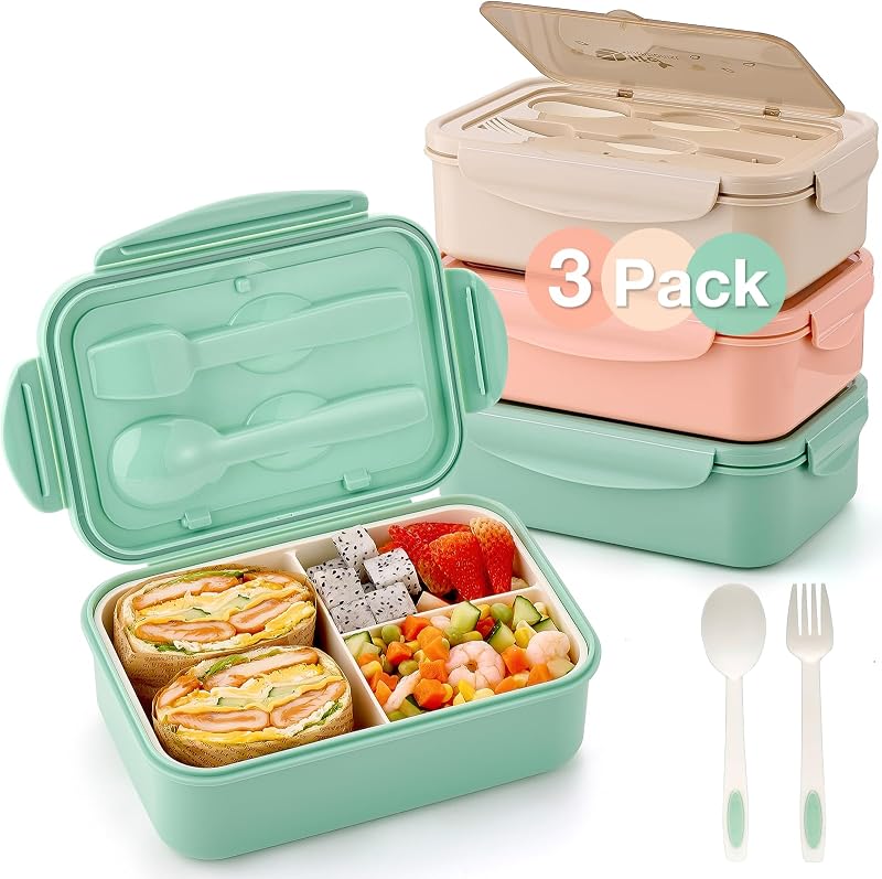 Mfacoy® 3 Pack Bento Boxes for Adults/Kids, 1100 ML Bento Lunch Box With Spoon & Fork, Lunch Box Containers, Bento Box for Dining Out, Work, Picnic, BPA-Free, Microwave & Dishwasher Safe