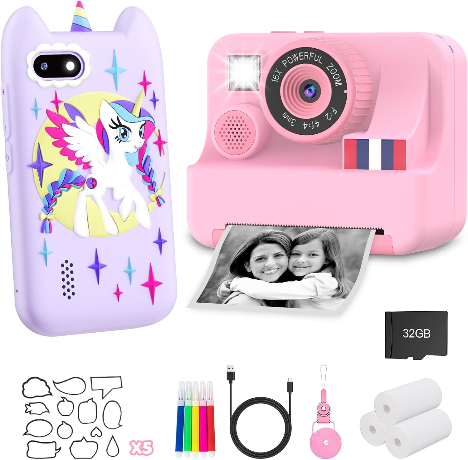 Purple Kids Phone and Pink Kids Camera Instant Print
