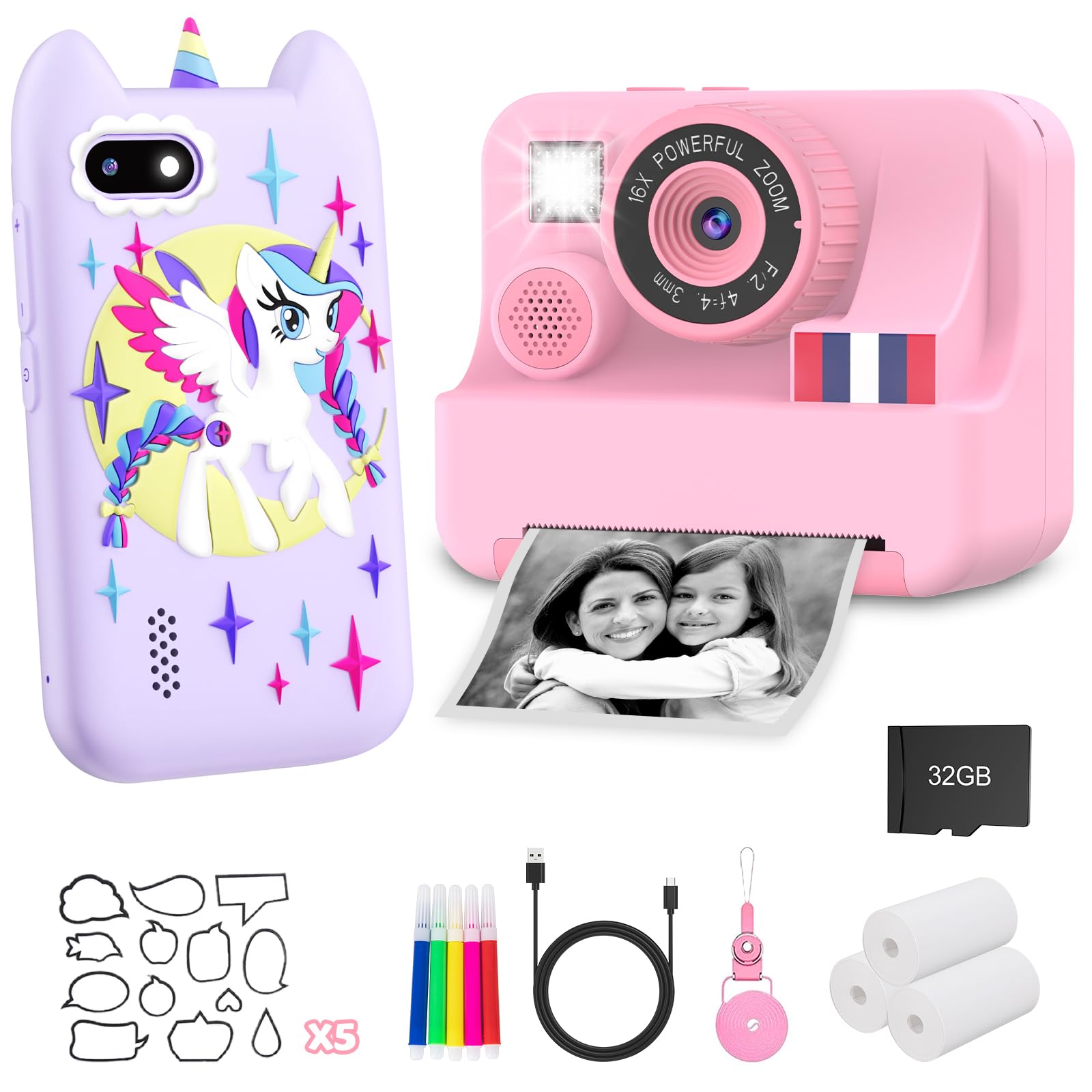Purple Kids Phone and Pink Kids Camera Instant Print