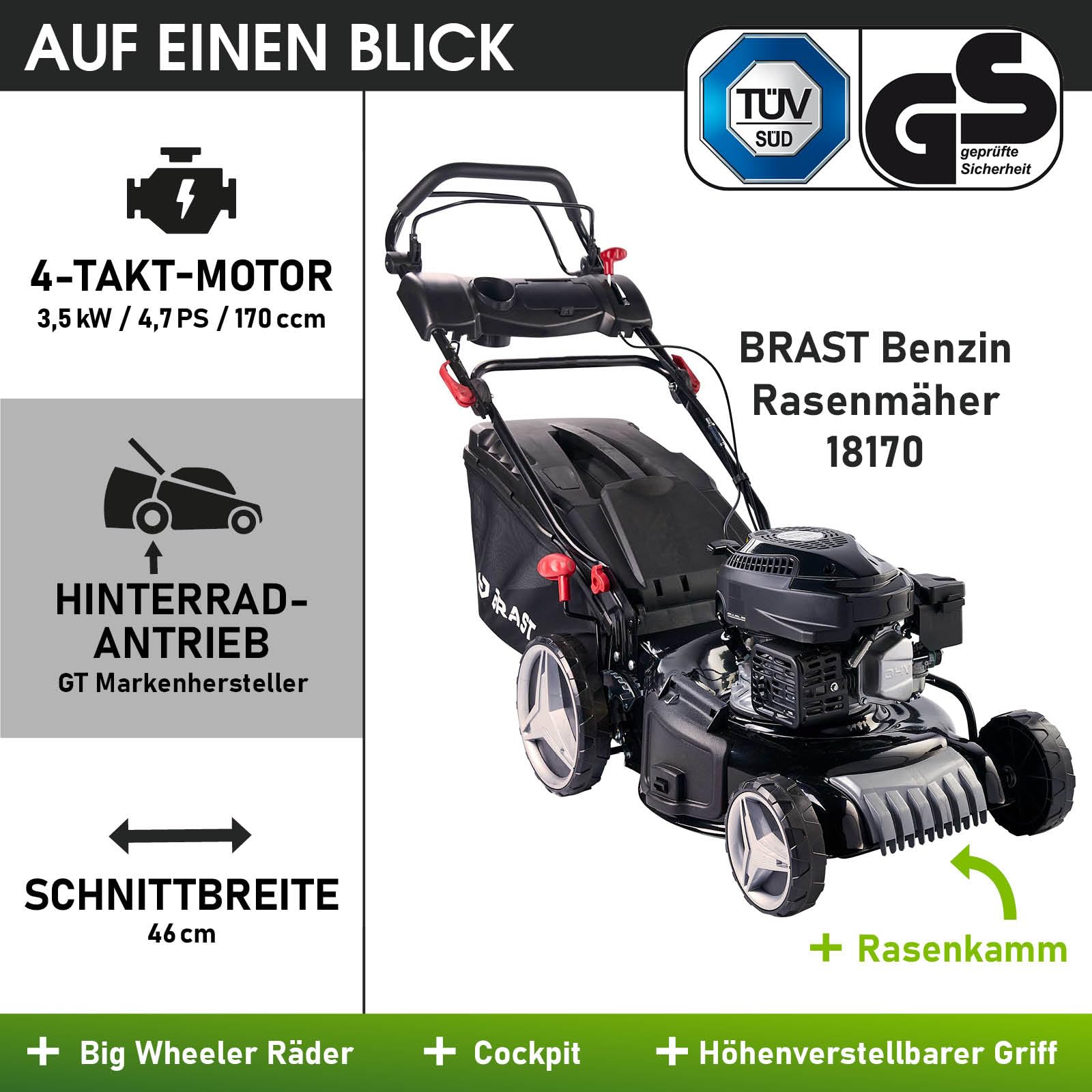 BRAST Benzin Rasenmäher mit Antrieb | 3,5kW(4,76PS) | 46cm Schnittbreite | viele Modelle | TÜV | 4 Takt OHV Motor | 30-80mm Schnitthöhe | 60L Fangkorb | Stahlgehäuse | 18170
