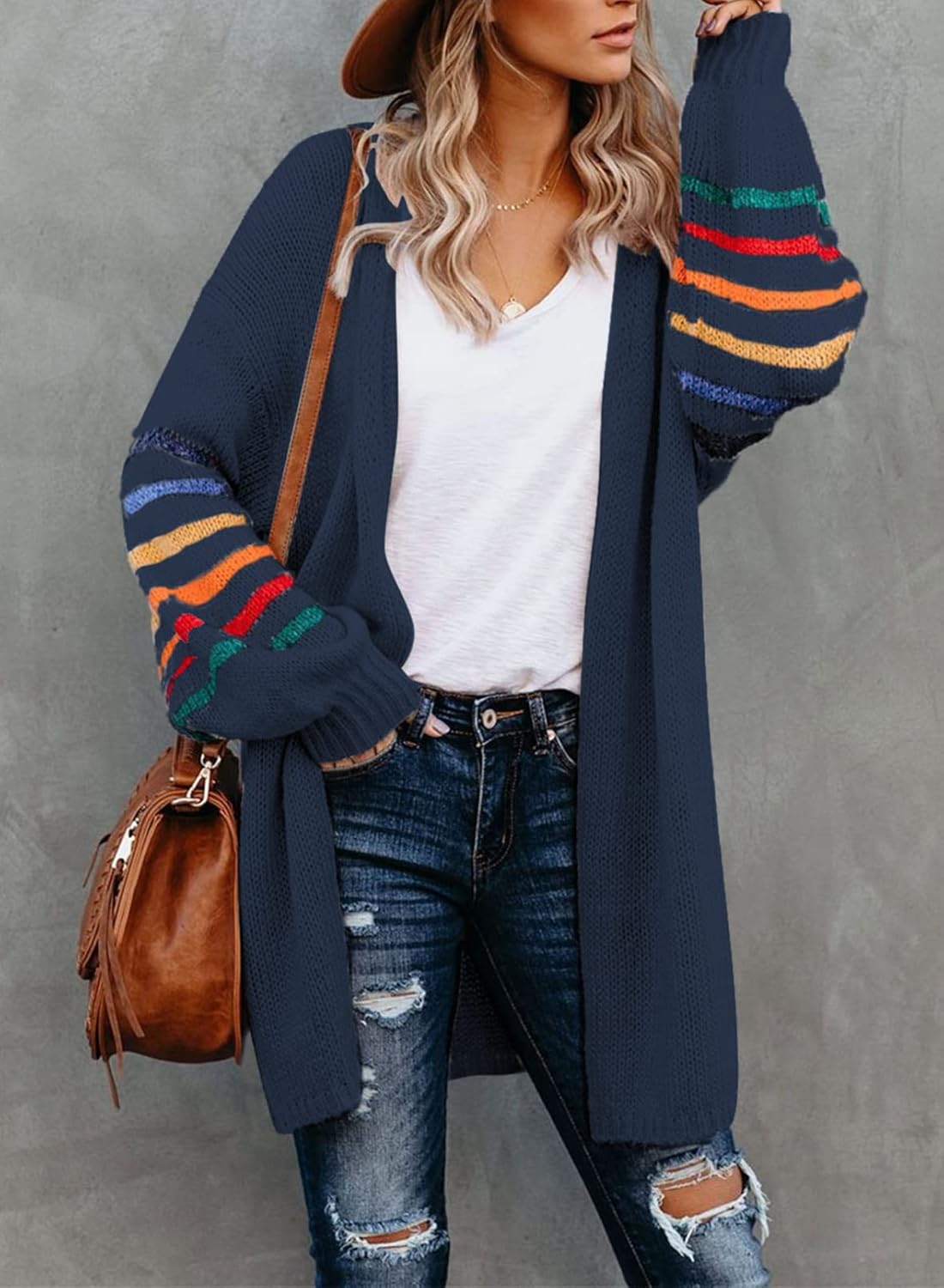 Dokotoo Women's Long Open Front Cardigans Striped Color Block Loose Knit Sweaters Outwear Coat - Image 2